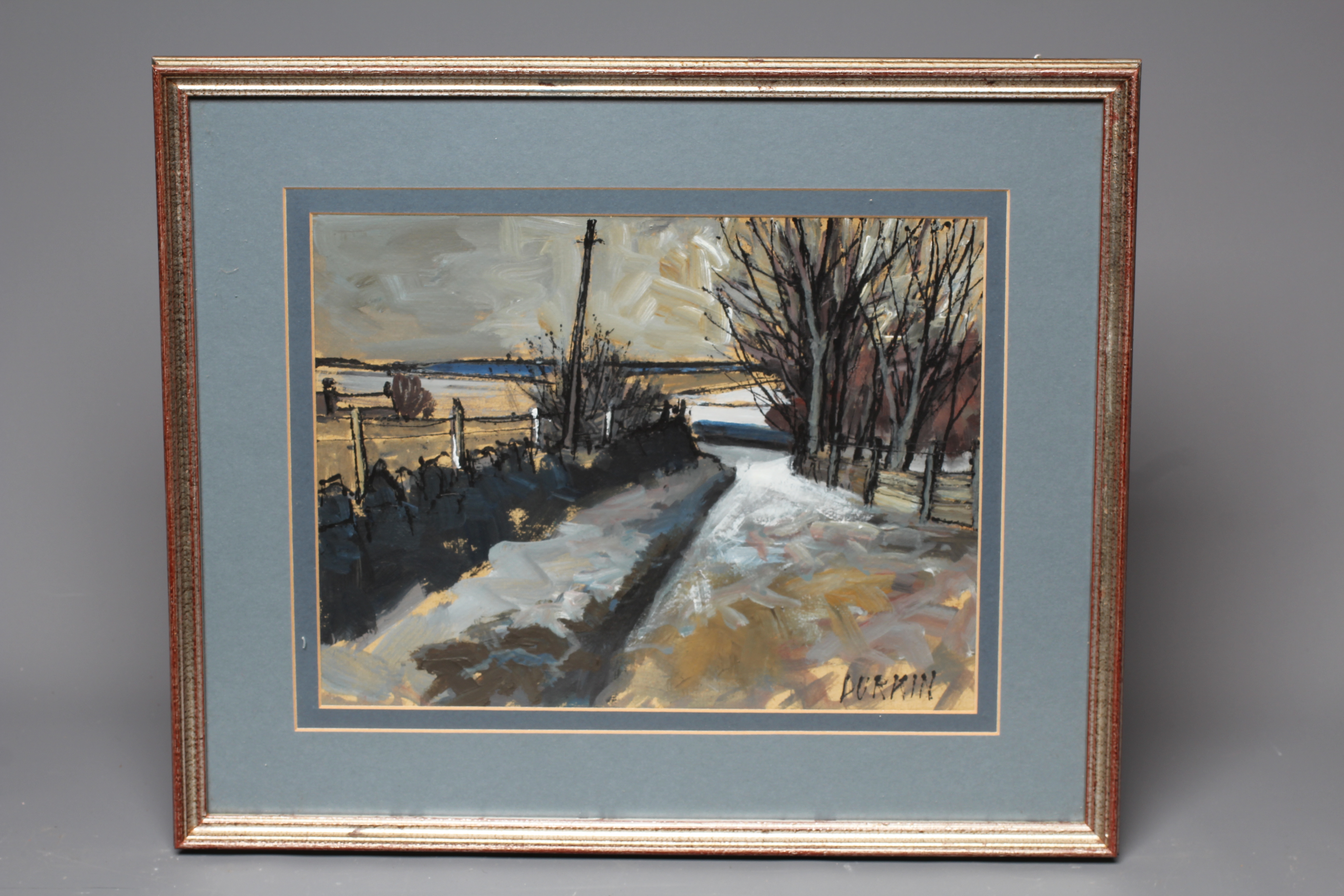 TOM DURKIN (1928-1990) Winter Track, signed lower right, oil on board, 10" x 13 1/2", framed and Image