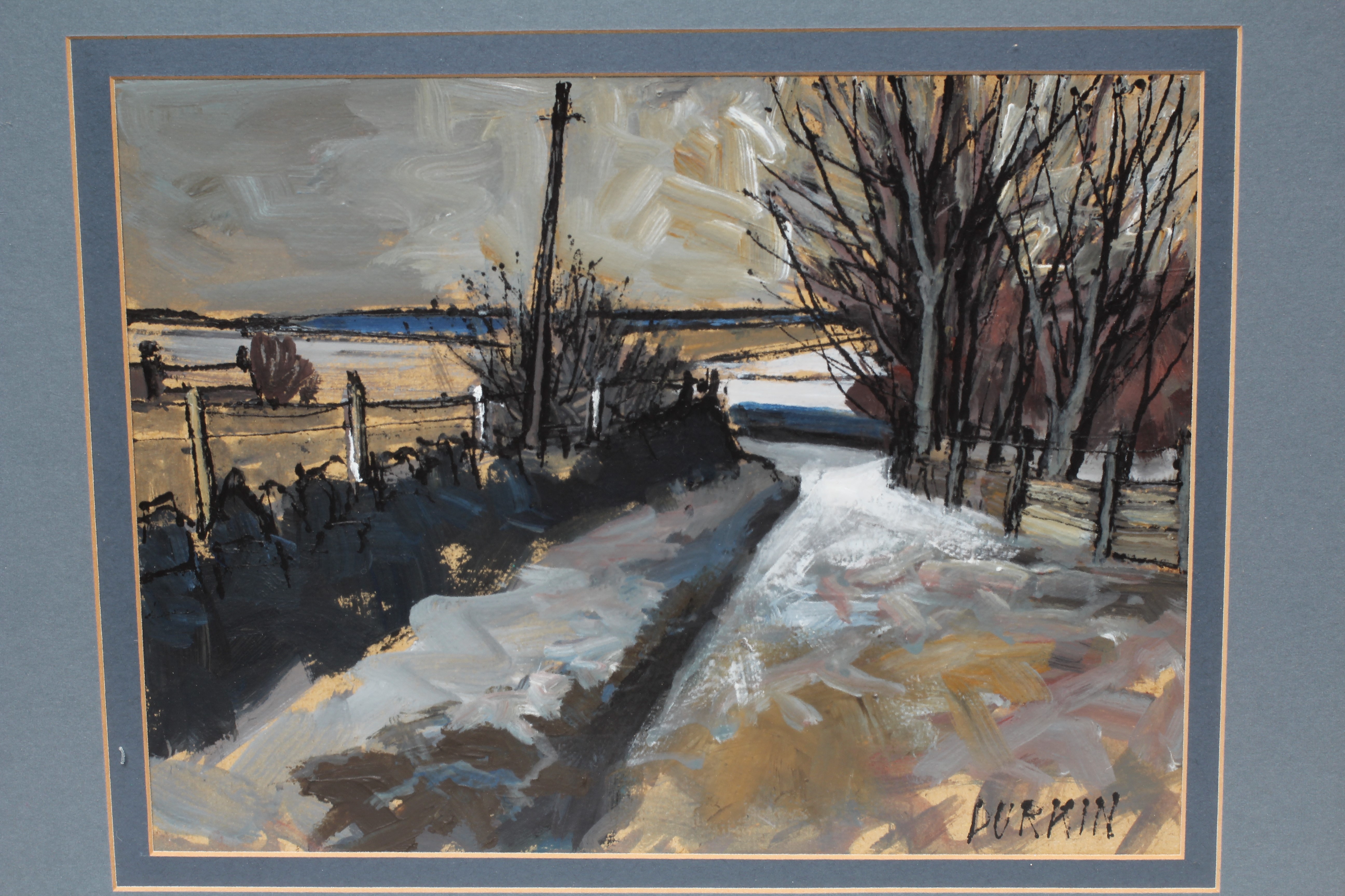TOM DURKIN (1928-1990) Winter Track, signed lower right, oil on board, 10" x 13 1/2", framed and Image