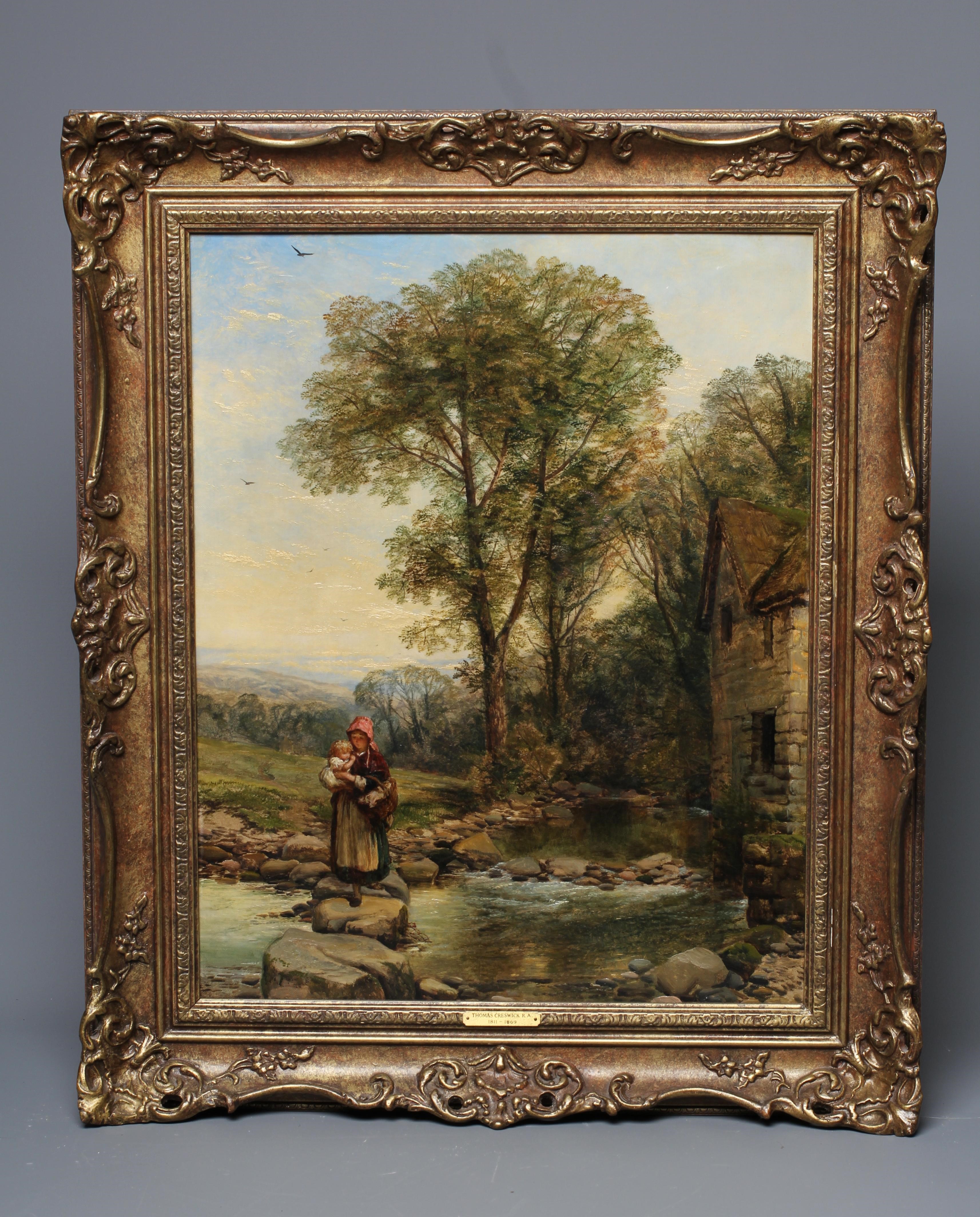 THOMAS CRESWICK (1811-1869) Mother and Child Crossing a Stream, oil on canvas, 20" x 15 1/4", modern Image