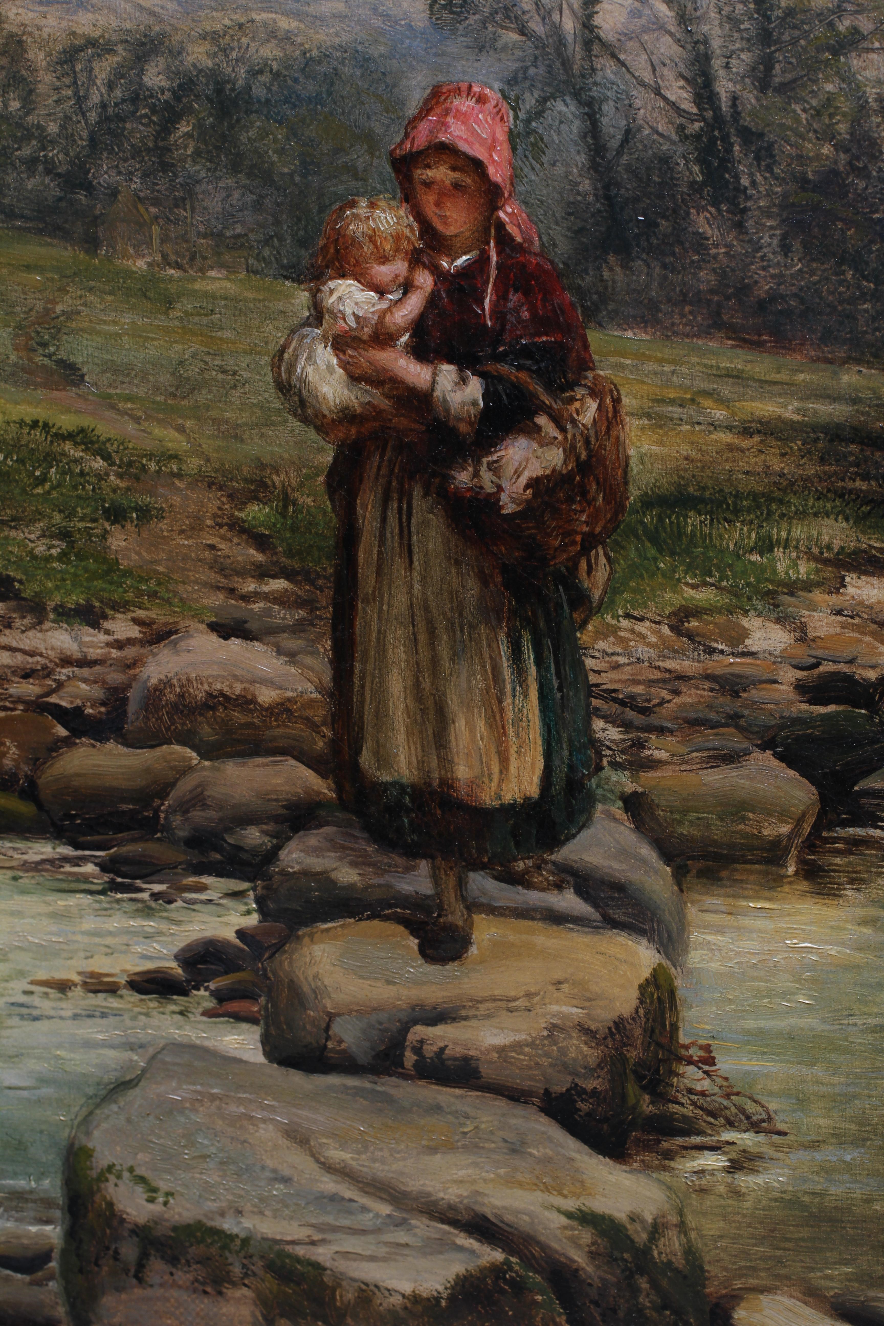 THOMAS CRESWICK (1811-1869) Mother and Child Crossing a Stream, oil on canvas, 20" x 15 1/4", modern Image