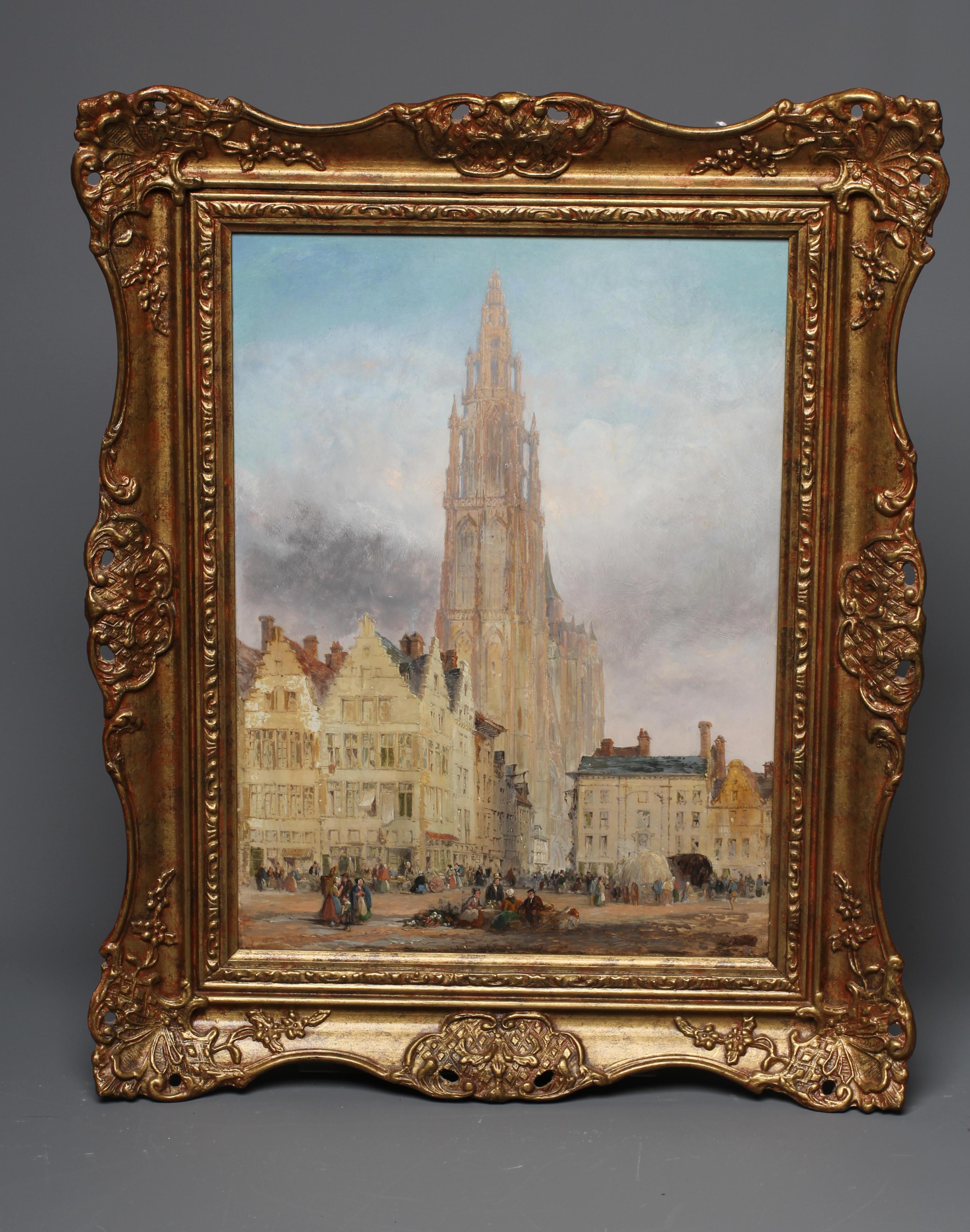 LEWIS JOHN WOOD (1813-1901) French Market Square with Cathedral, signed lower right, oil on board, Image