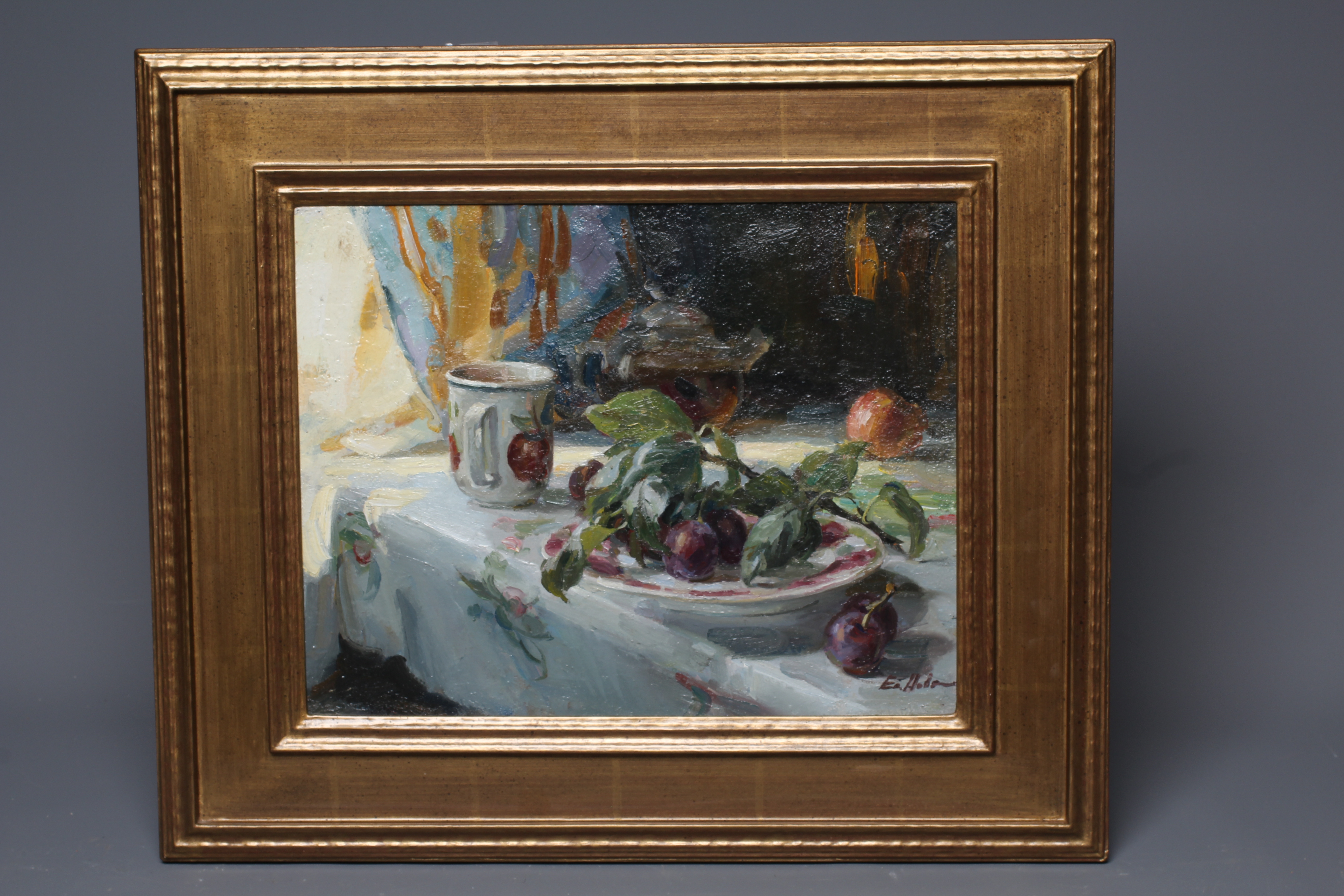 ELENA NOVOSADUK (B.1969) A Bunch of Plums, signed lower right, oil on board, 10 1/4" x 13 1/4", Image
