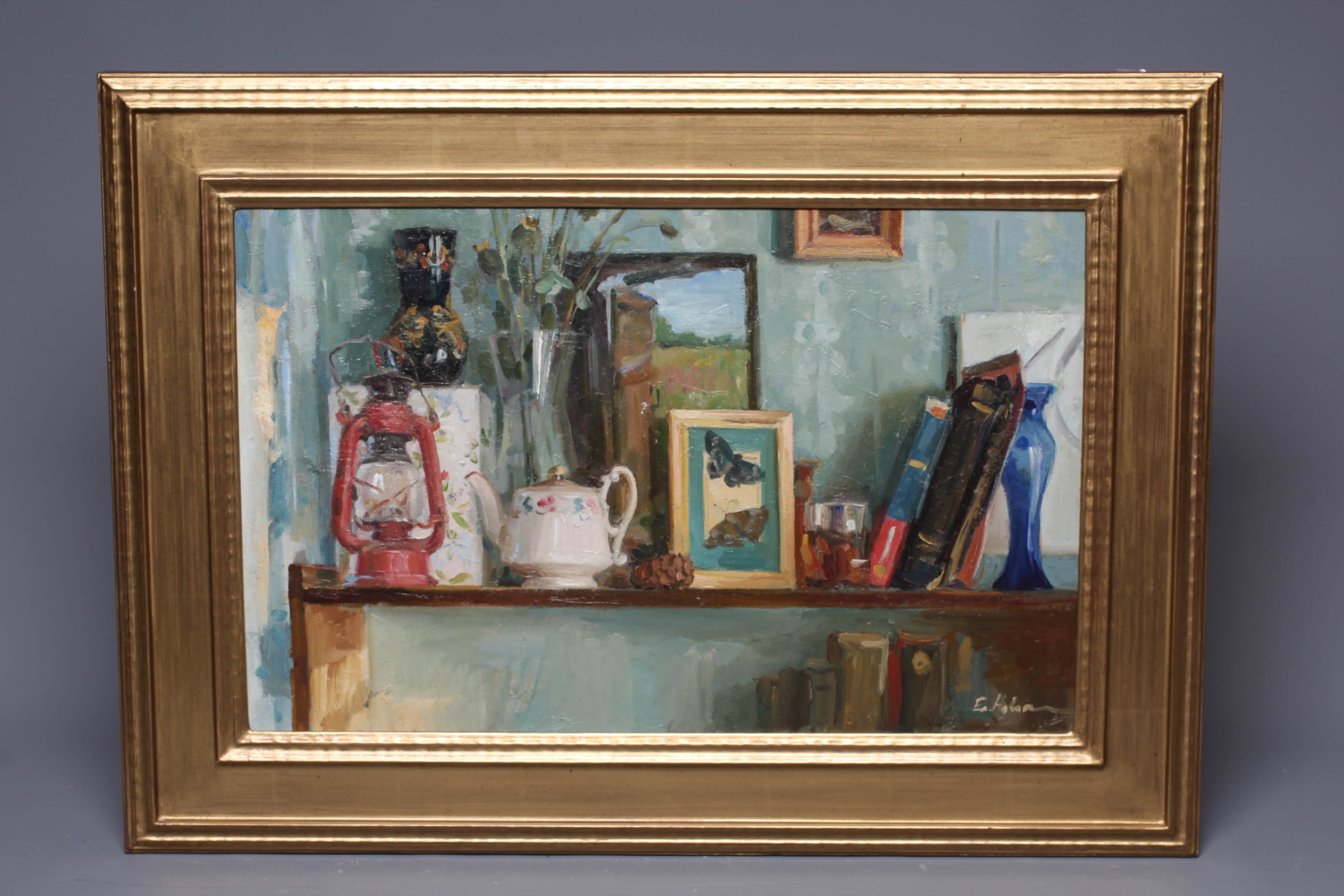 ELENA NOVOSADUK (B.1969) Still Life with Lamp, signed lower right, oil on board, 12 3/4" x 20", Image