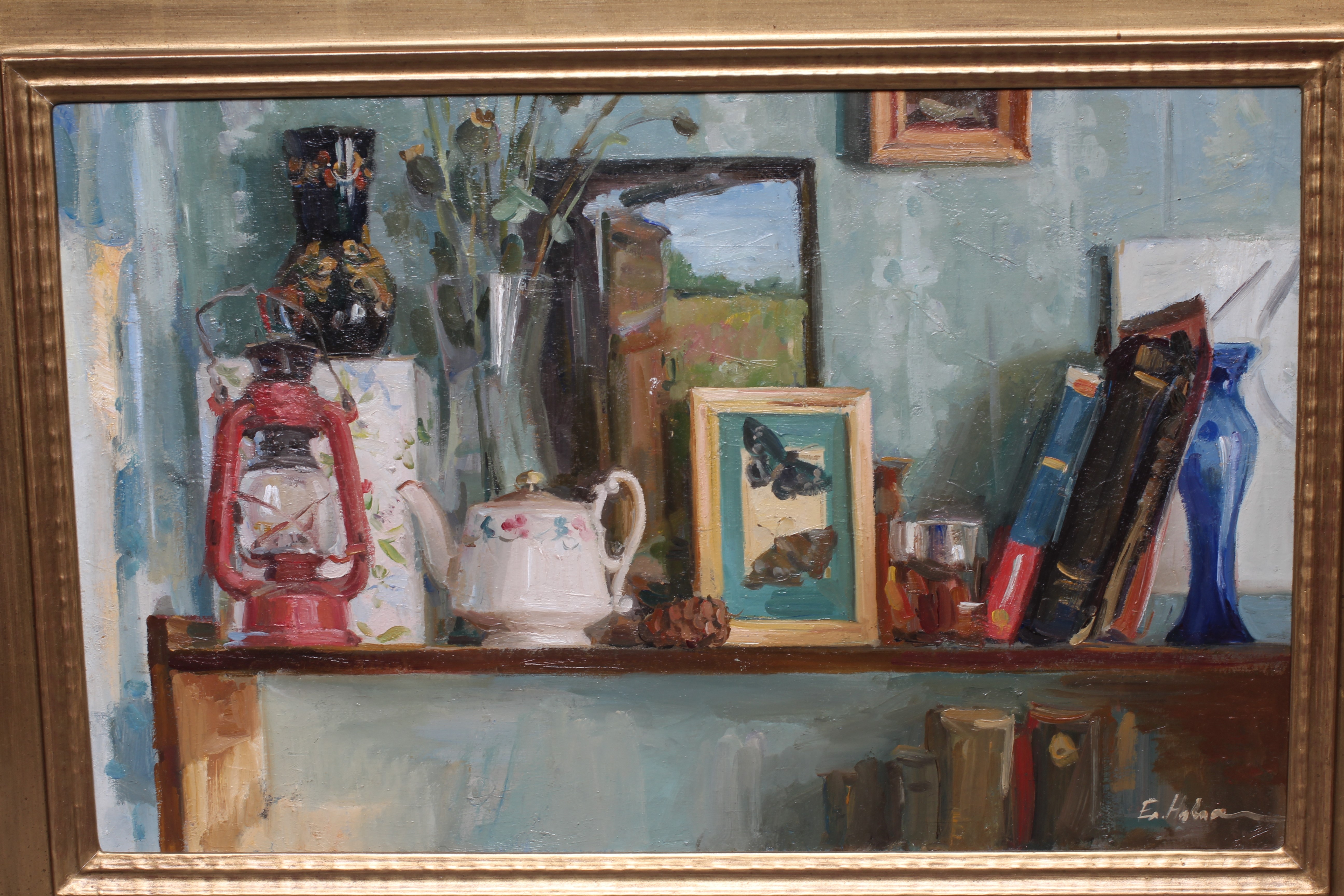 ELENA NOVOSADUK (B.1969) Still Life with Lamp, signed lower right, oil on board, 12 3/4" x 20", Image