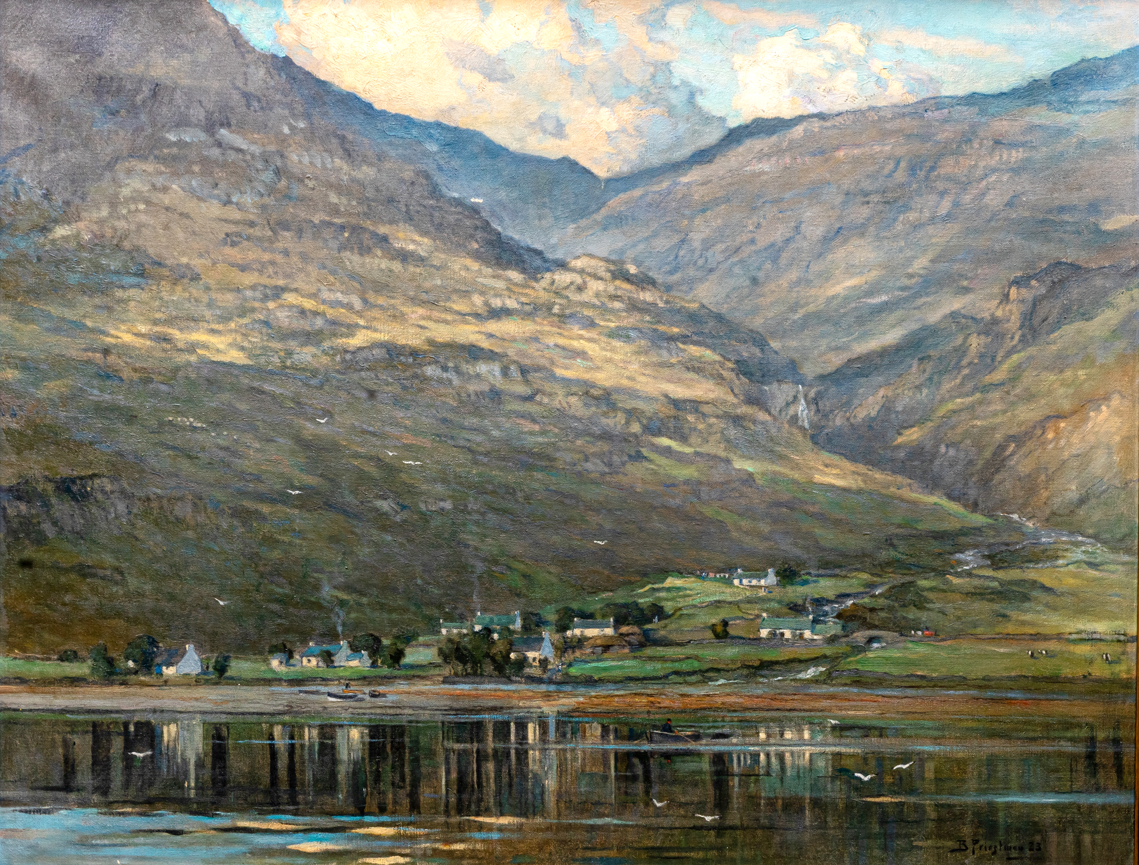 BERTRAM WALTER PRIESTMAN (1868-1951) View of a Scottish Village beside a Loch, signed and dated '23 Image