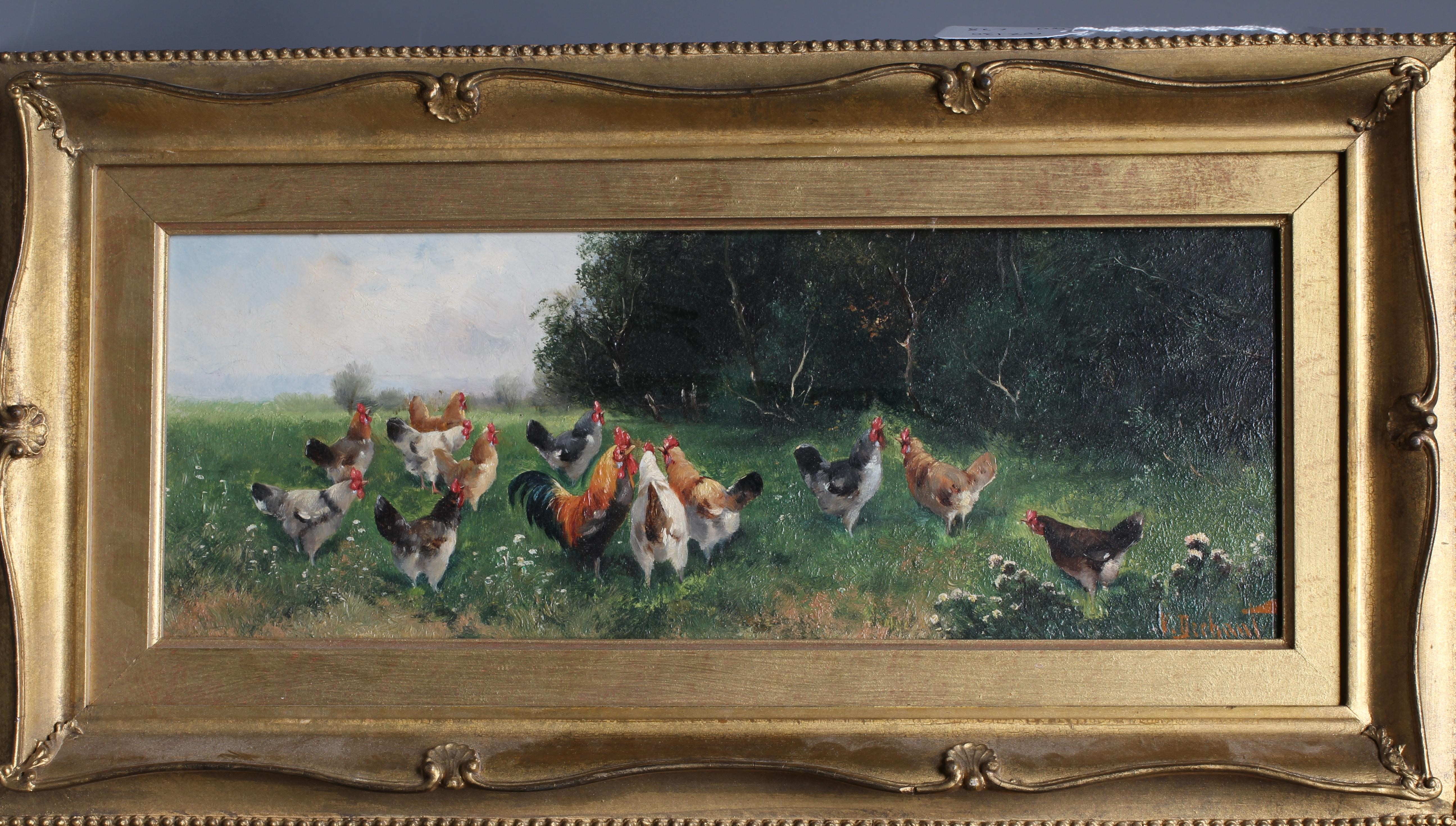 V DECHANT (French School, early 20th century) 'Hens beside Woodland' and 'Hens in an Open Field', a Image