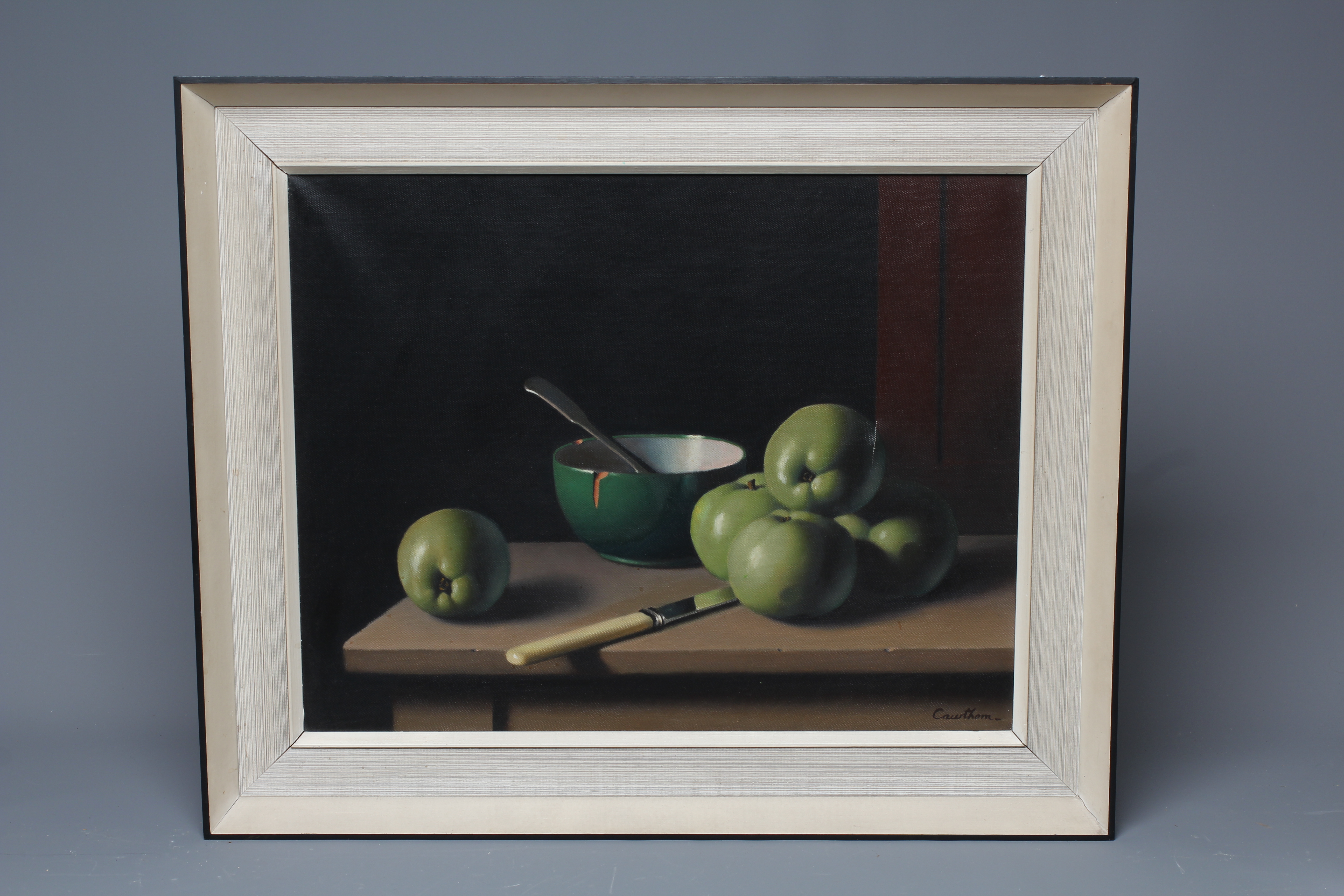 CHRISTOPHER CAWTHORN (British School, 20th Century) Still life of Apples, a Bowl, a Knife and Spoon, Image
