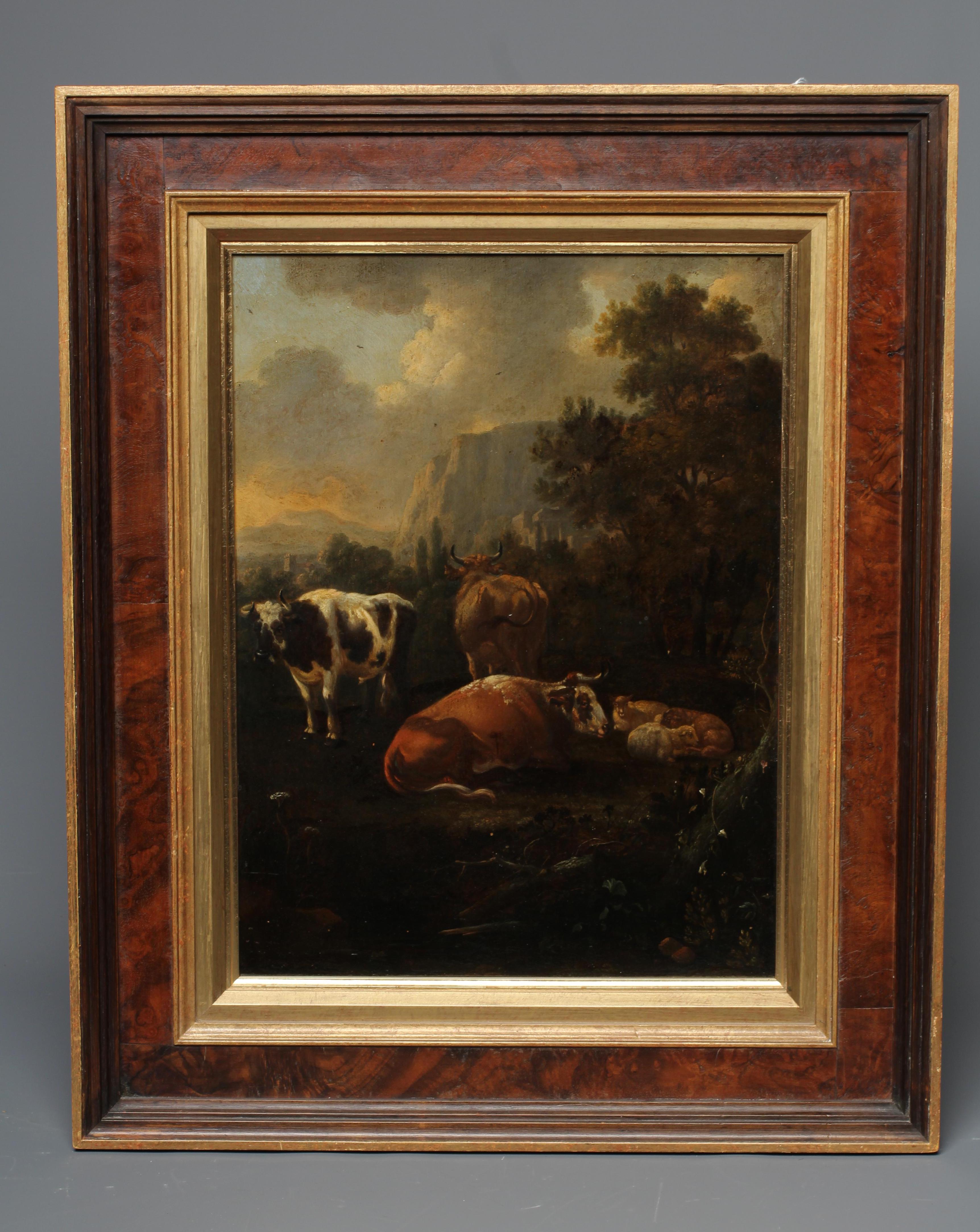 ITALIAN SCHOOL (19th Century) Cattle in an Italianate Landscape, oil on panel, 15 3/4" x 11 1/2", Image