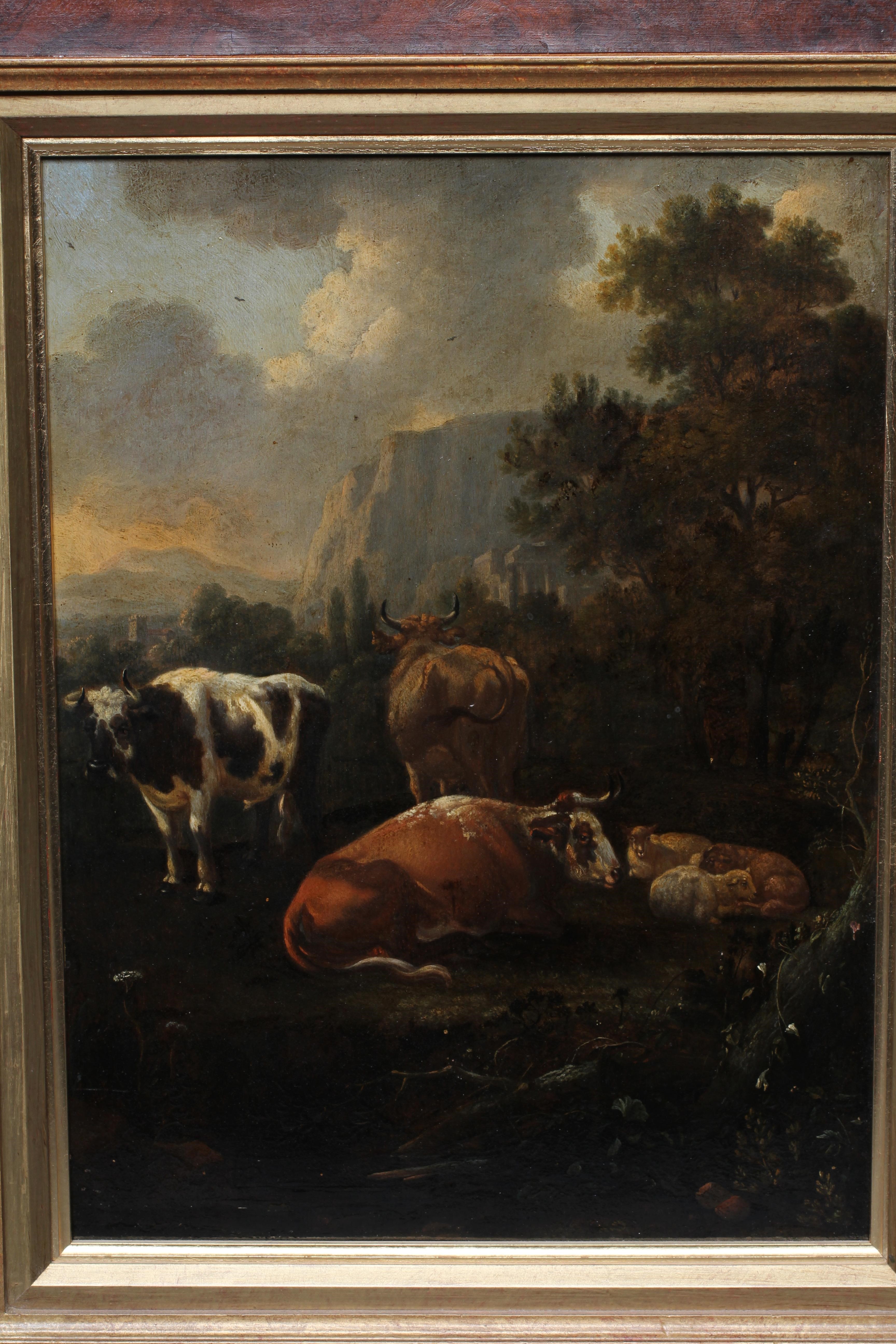 ITALIAN SCHOOL (19th Century) Cattle in an Italianate Landscape, oil on panel, 15 3/4" x 11 1/2", Image