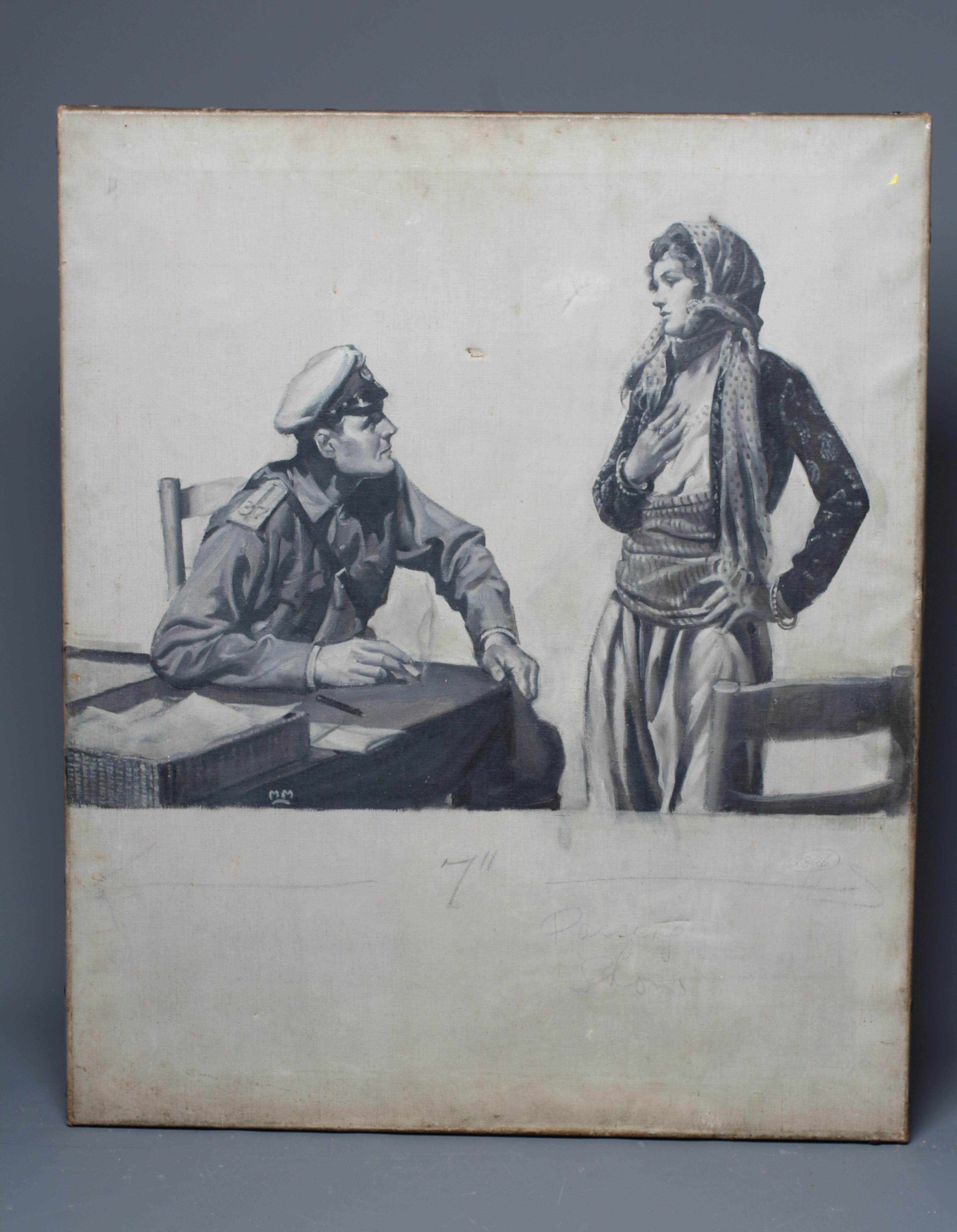 RUSSIAN SCHOOL (20th Century) The Interrogation, indistinctly inscribed, oil on canvas, 30" x 24 Image
