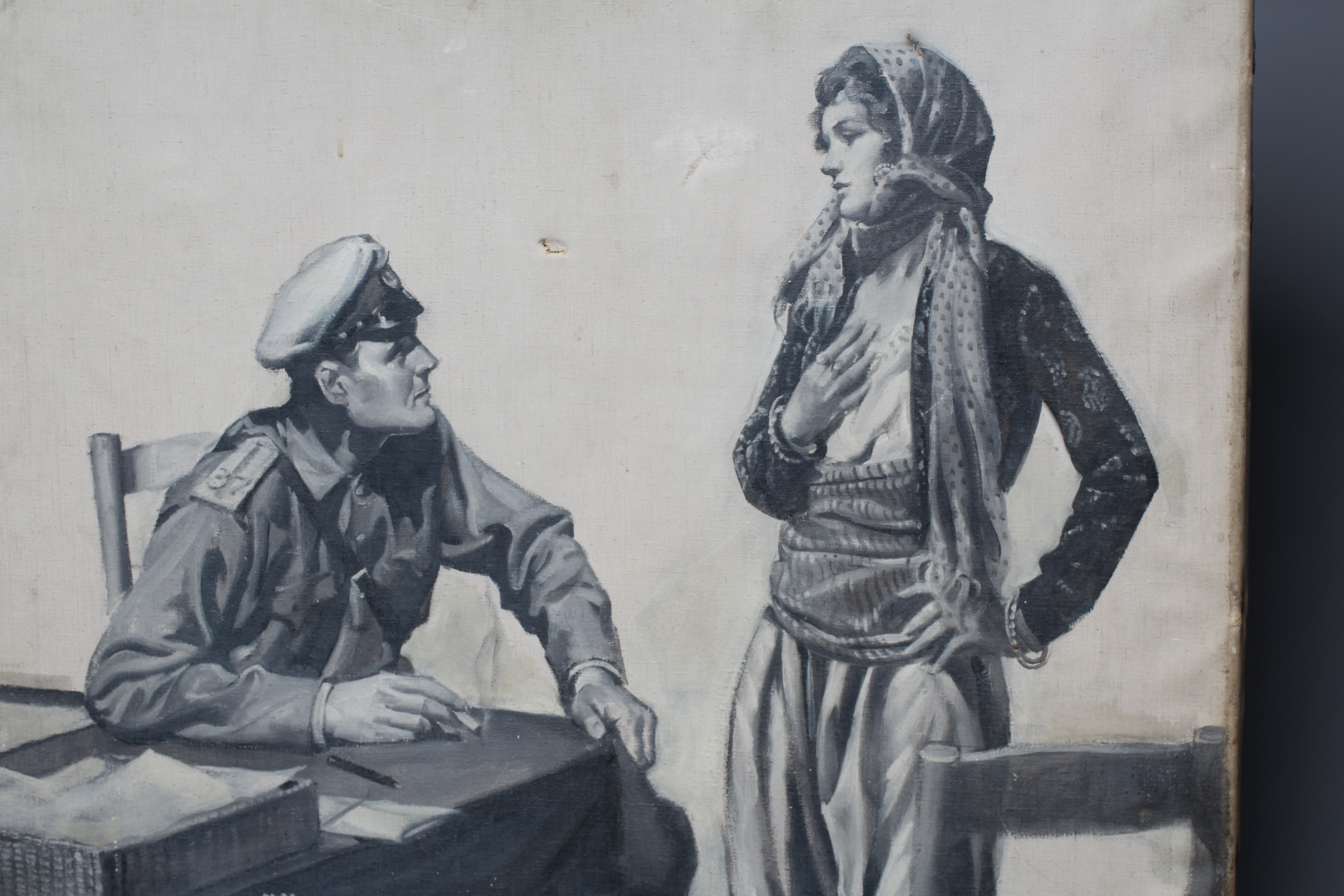 RUSSIAN SCHOOL (20th Century) The Interrogation, indistinctly inscribed, oil on canvas, 30" x 24 Image