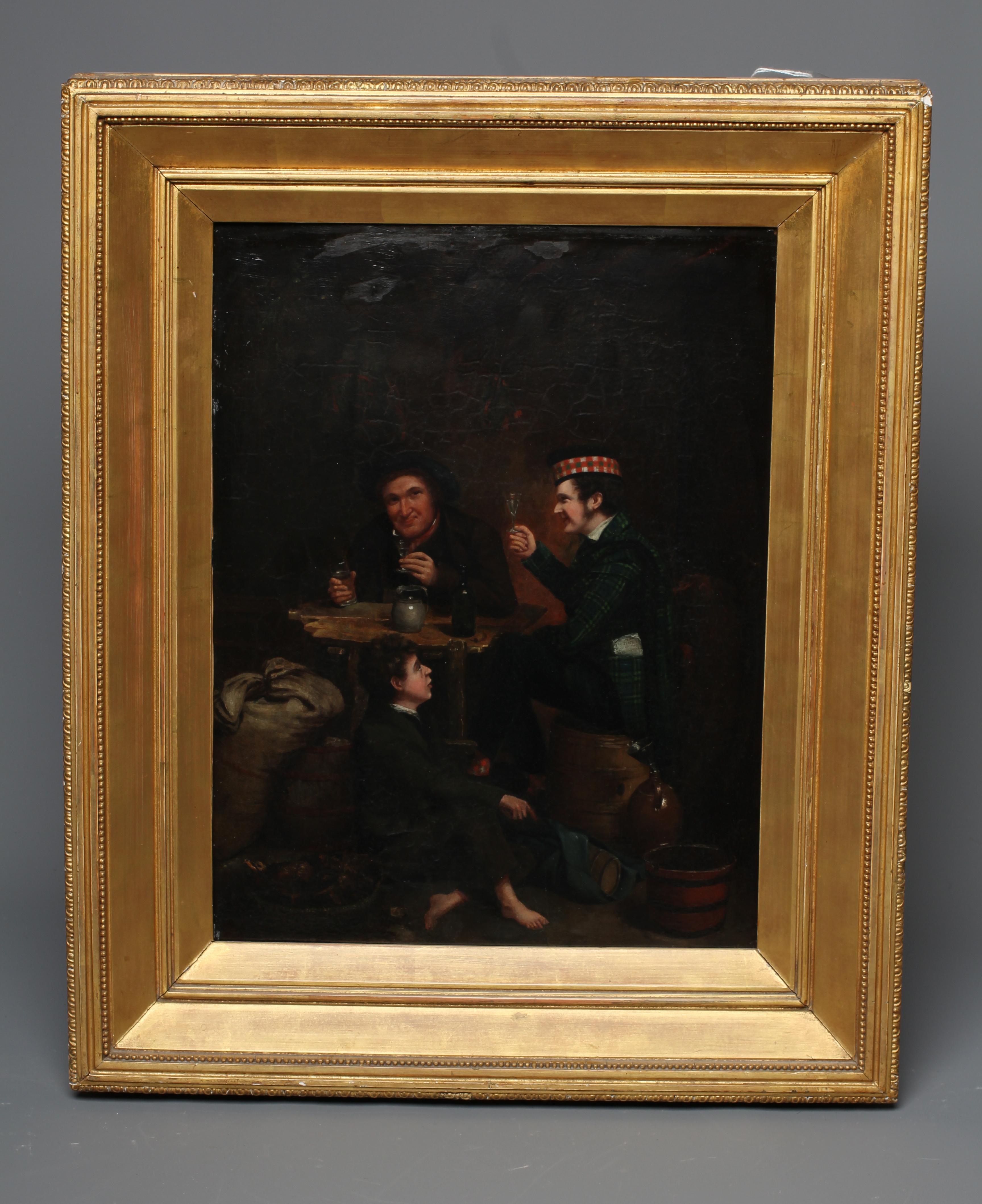 SCOTTISH SCHOOL (19th Century) Tavern interior scene, inscribed 'Donaldson' verso, oil on panel, 15" Image