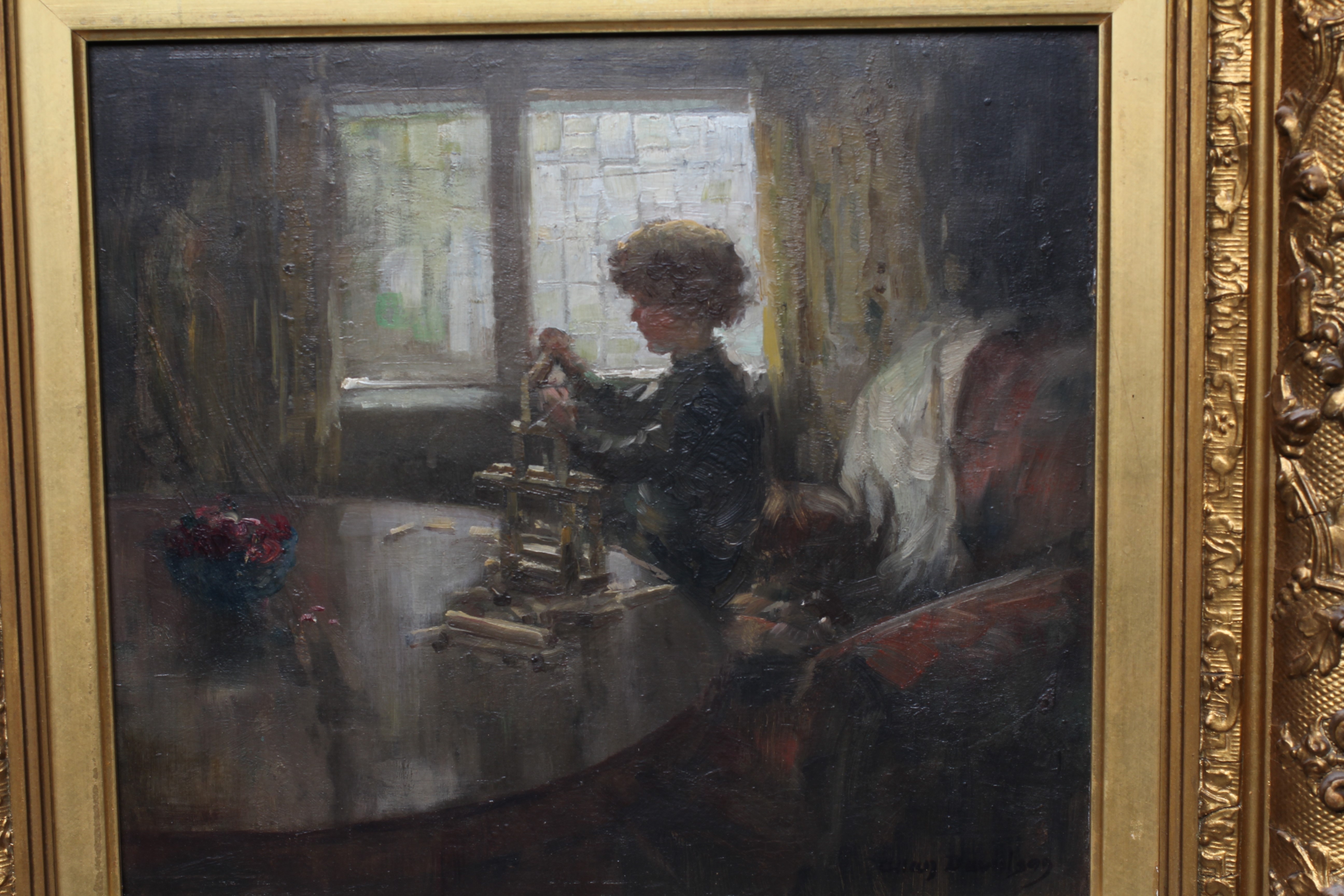 ALLAN ALBERT DAVIDSON (1913-1988) Interior Scene with Child Playing with Bricks, signed lower right, Image