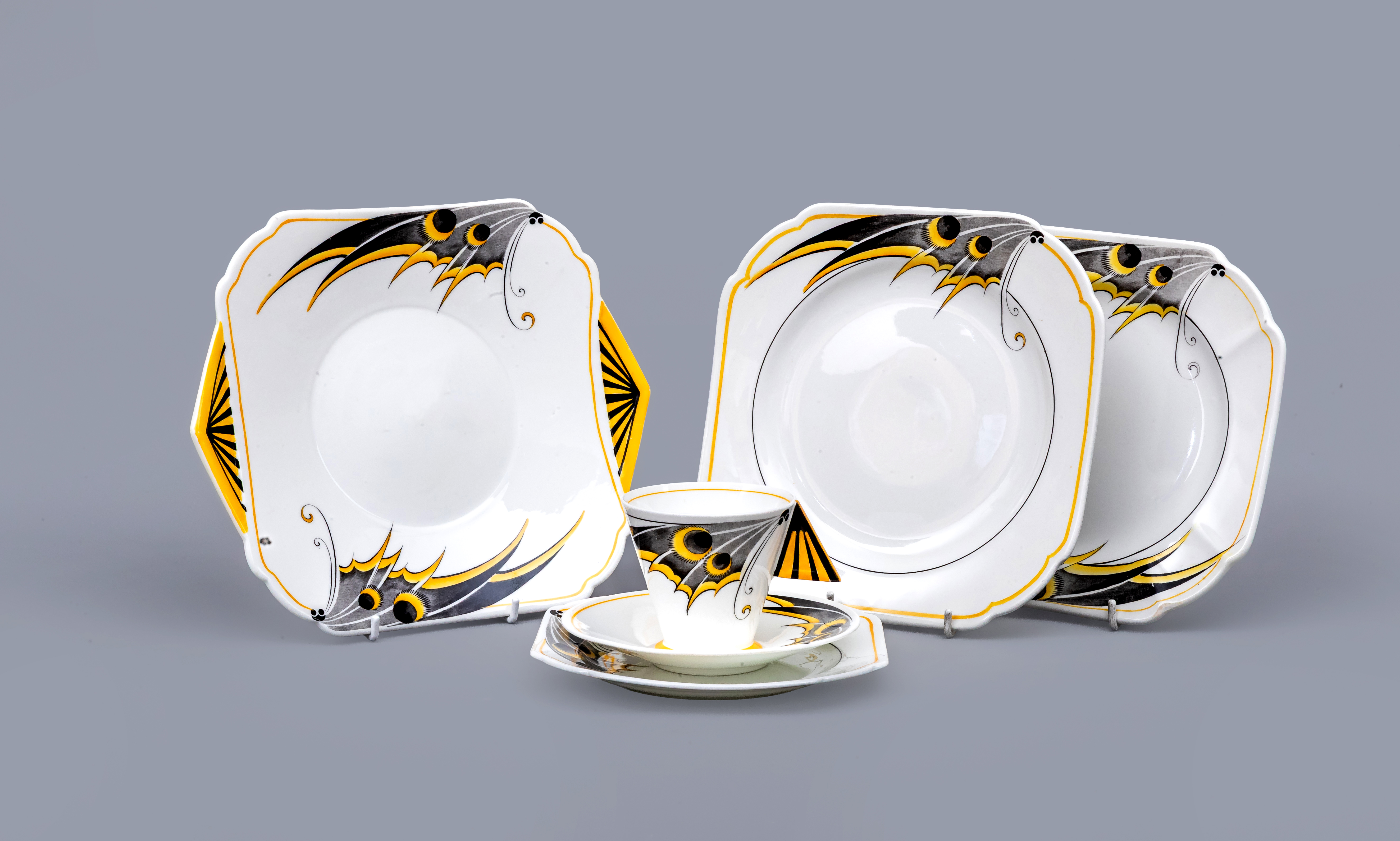 AN ART DECO SHELLEY CHINA YELLOW BUTTERFLY PATTERN MODE SHAPE PART SERVICE designed by Eric Slater Image