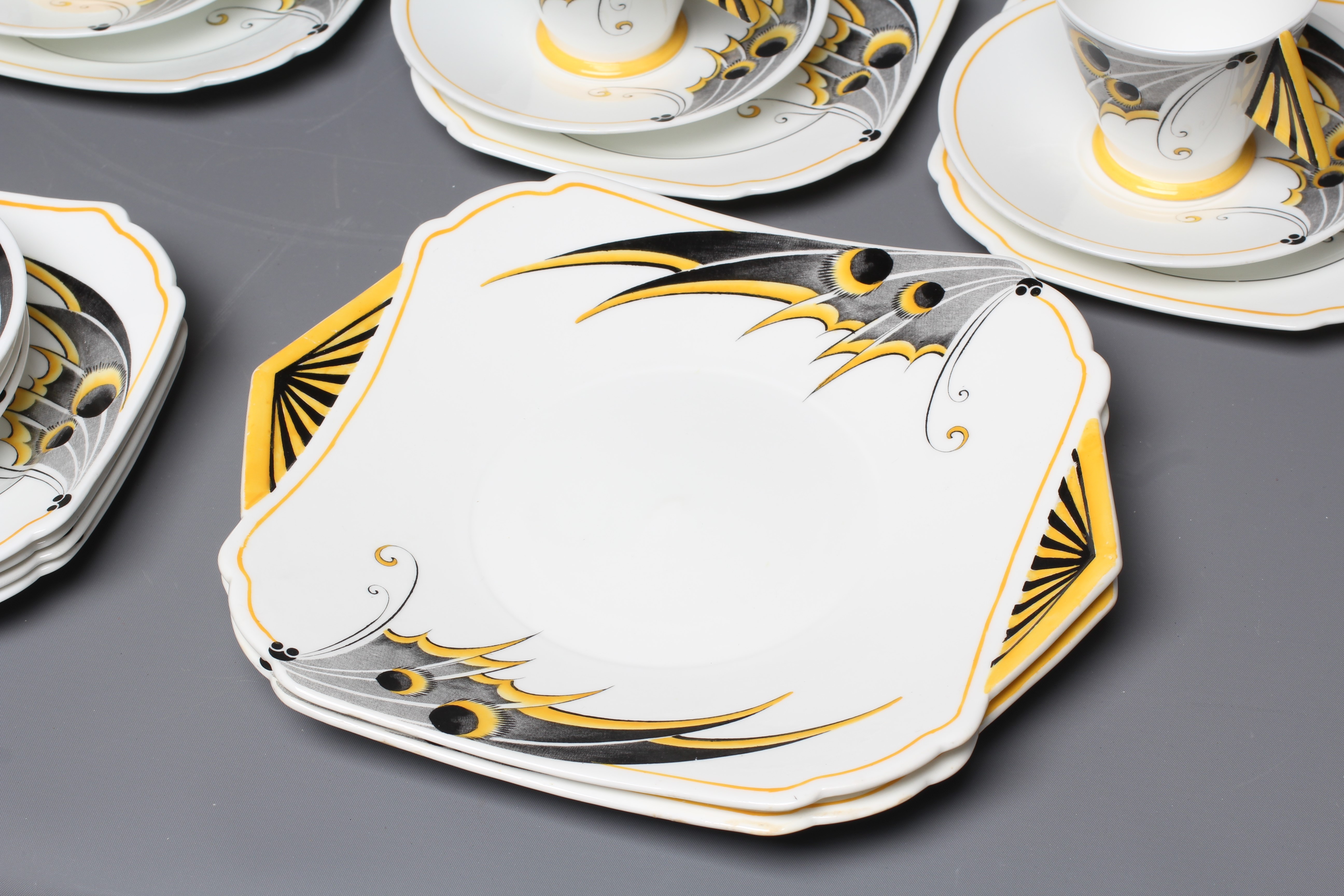 AN ART DECO SHELLEY CHINA YELLOW BUTTERFLY PATTERN MODE SHAPE PART SERVICE designed by Eric Slater Image
