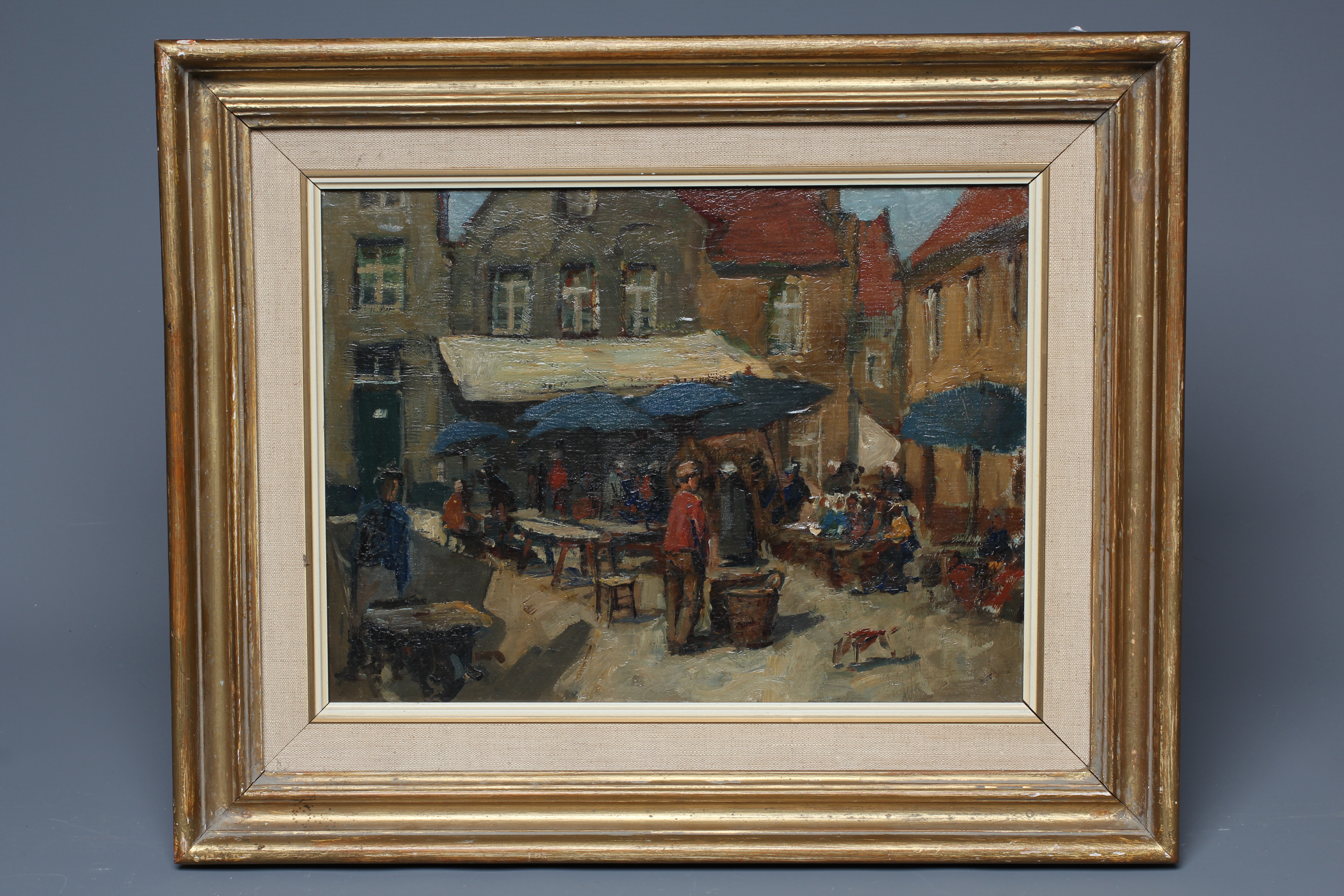 CONTINENTAL SCHOOL (20th Century) Market Stalls in a Square, oil on panel, 9 1/2" x 12 1/4", modern Image