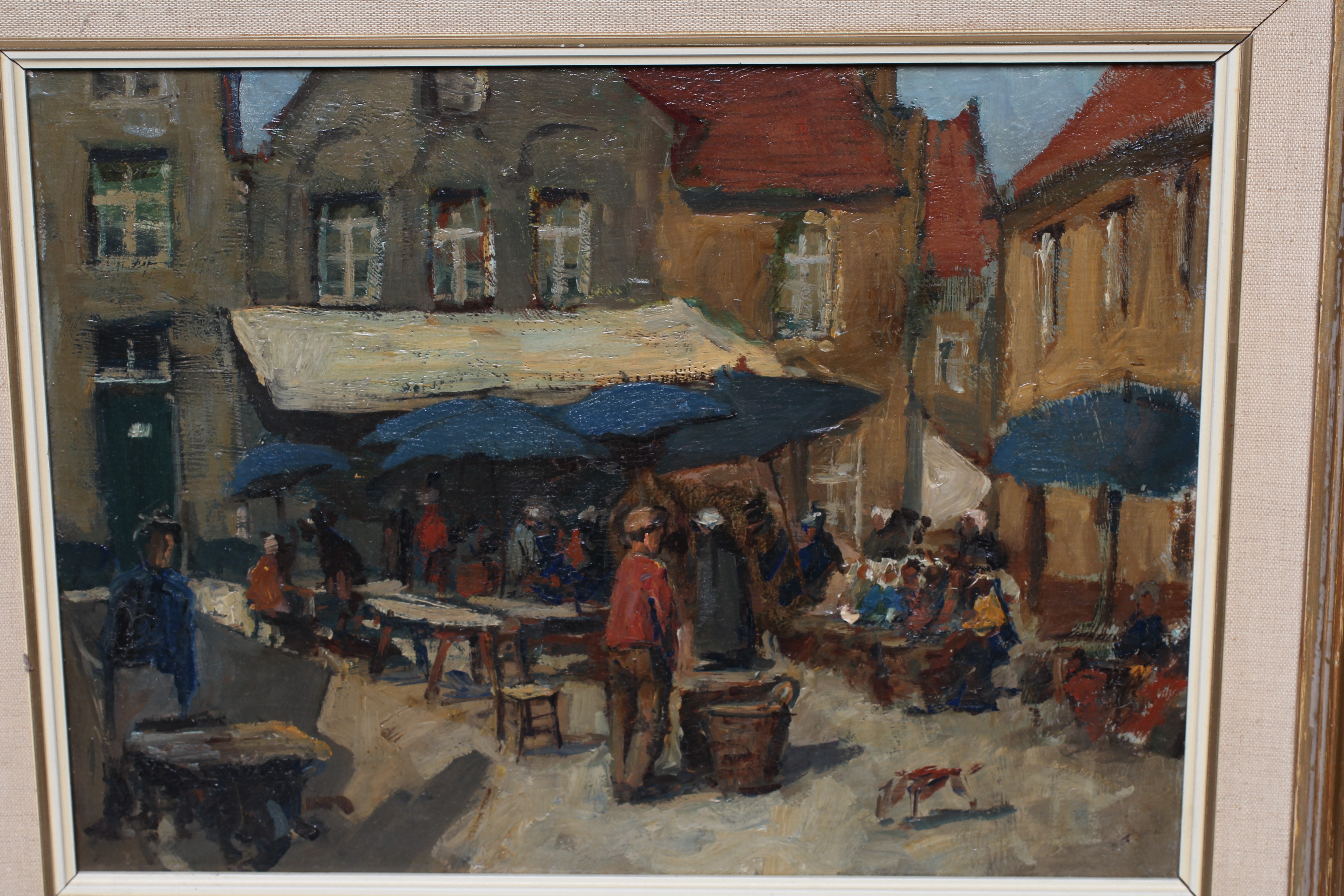 CONTINENTAL SCHOOL (20th Century) Market Stalls in a Square, oil on panel, 9 1/2" x 12 1/4", modern Image