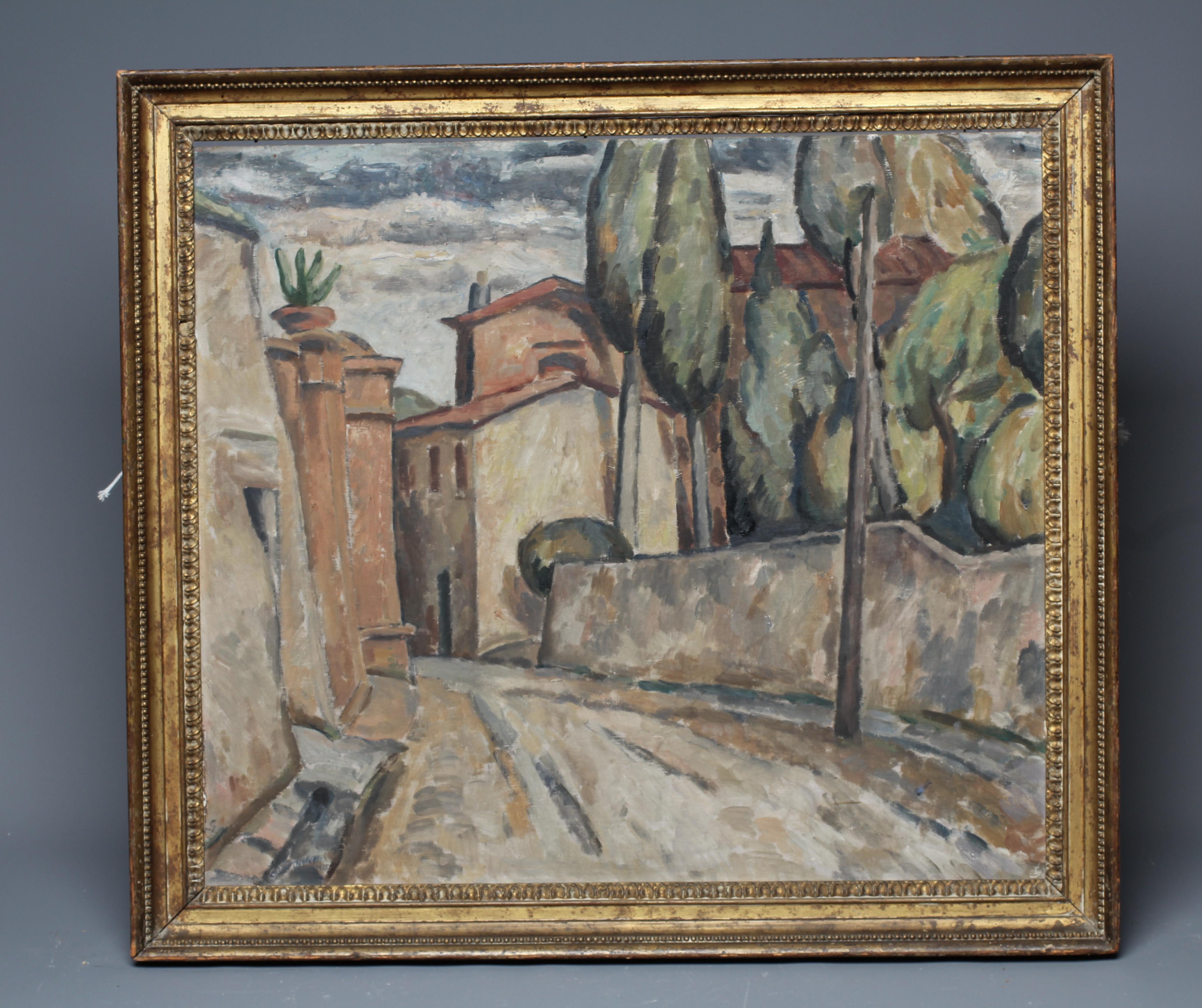 COLIN THOMS (1912-1997) Continental Street View, signed and dated 1935 lower left, oil on board, 21" Image