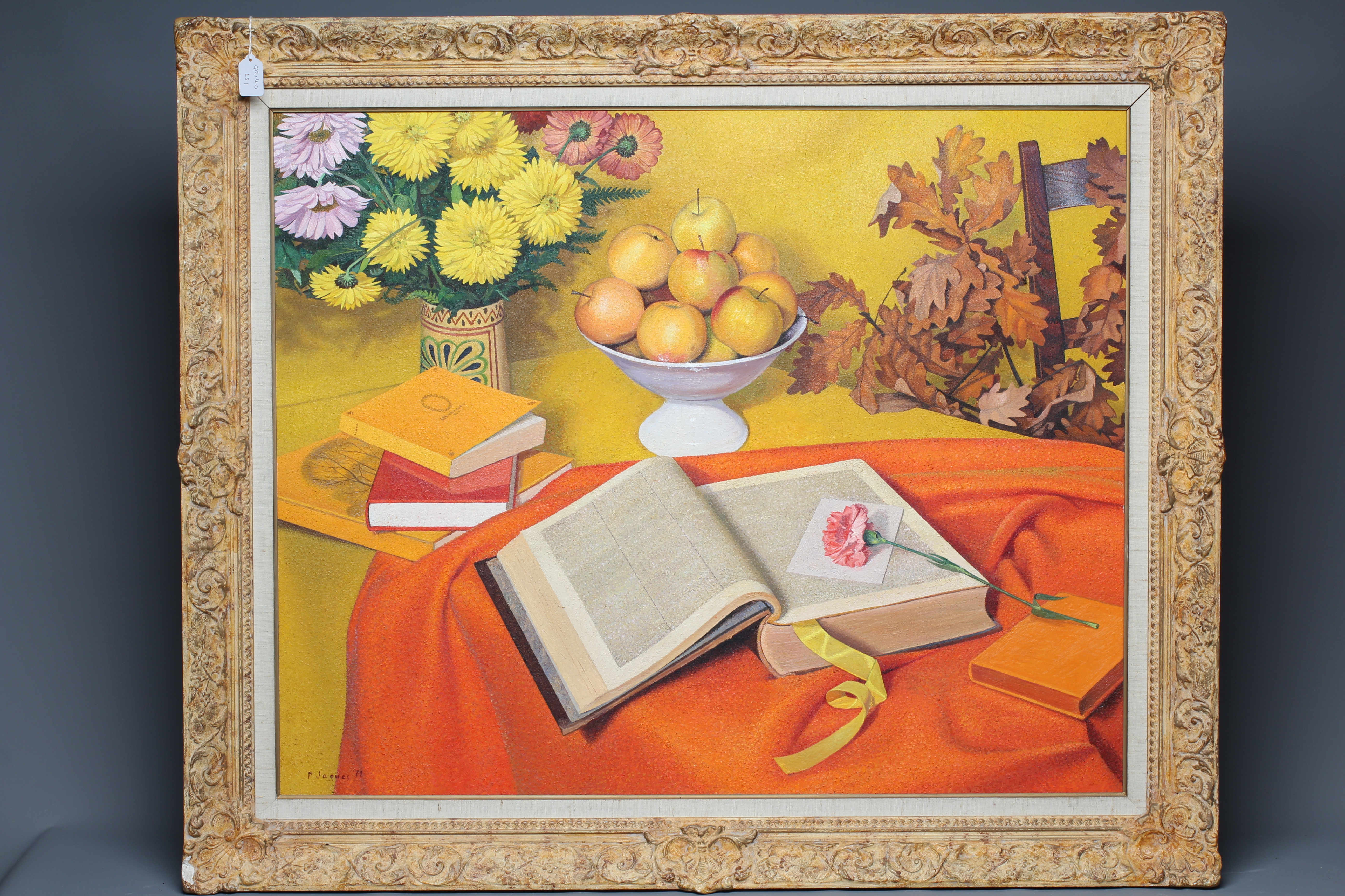 PIERRE JACQUES (1913-2000) Still Life with Open Book, signed and dated '71, oil on canvas, 31" x 38 Image