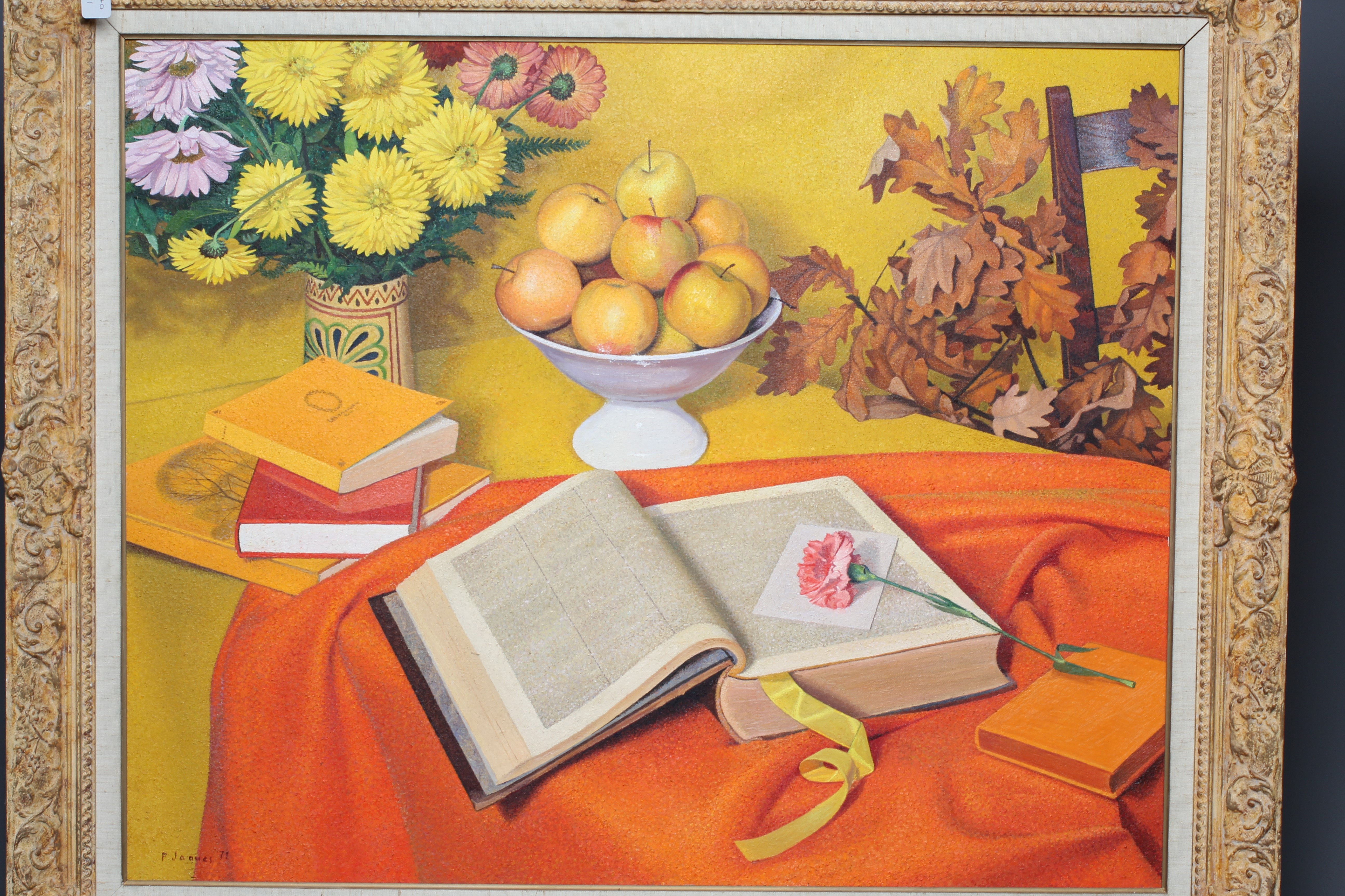 PIERRE JACQUES (1913-2000) Still Life with Open Book, signed and dated '71, oil on canvas, 31" x 38 Image
