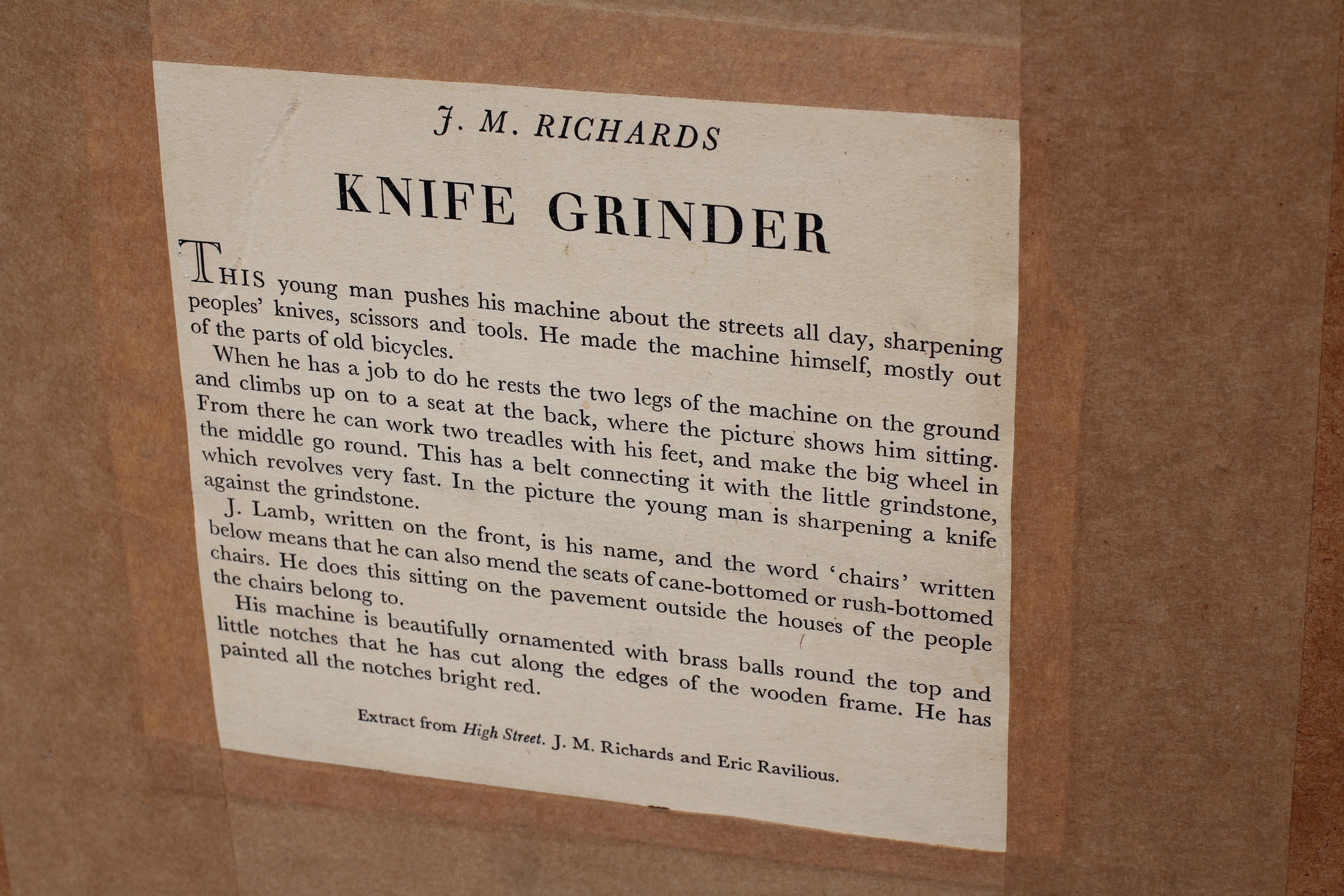 ERIC RAVILIOUS (1903-1942) Knife Grinder, lithograph, 6 3/4" x 5 1/2" (I), framed and glazed Image
