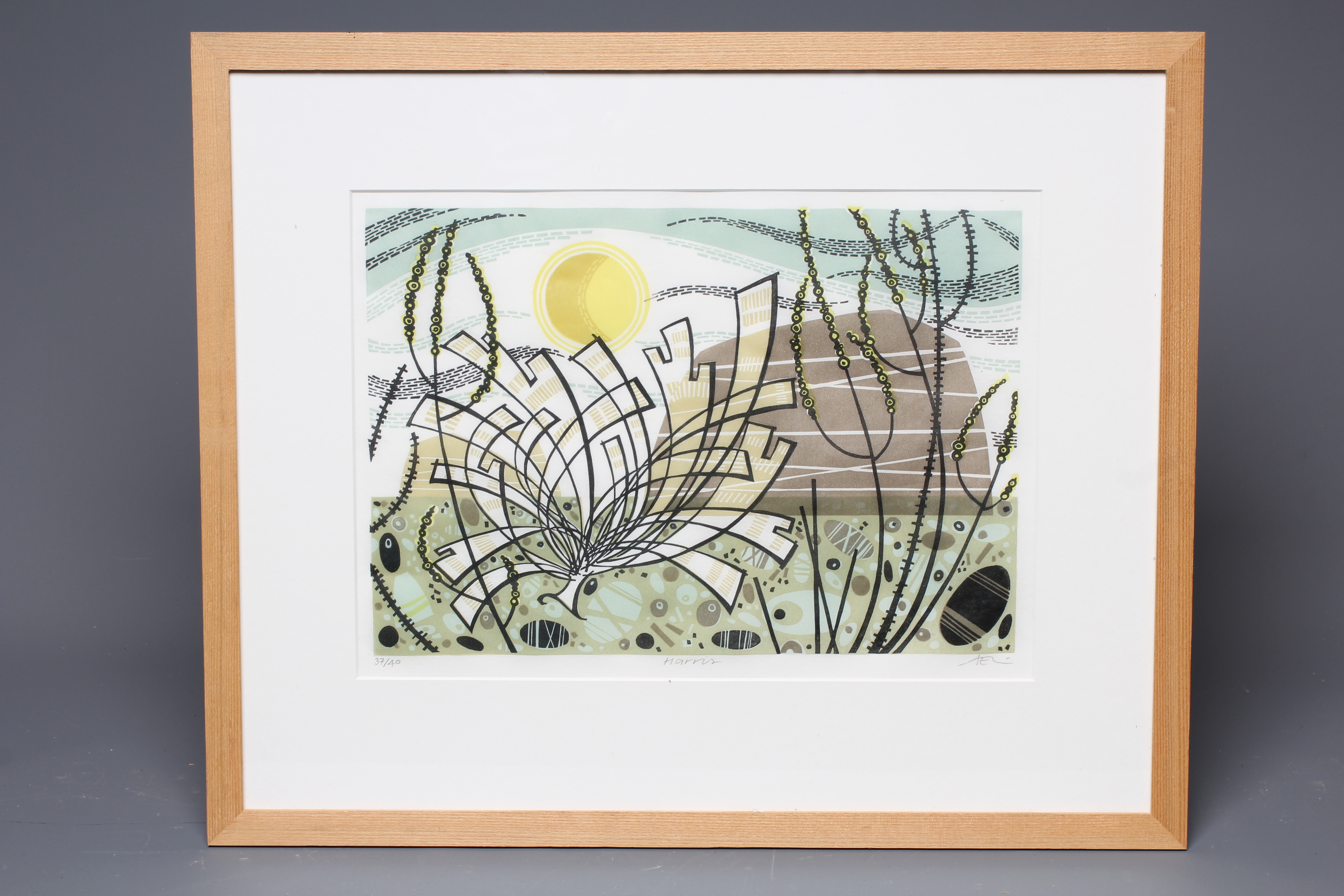ANGIE LEWIN (B.1963) Harris, signed, titled and numbered 37/40, linocut, 10 1/2" x 14 1/2" (SH), Image