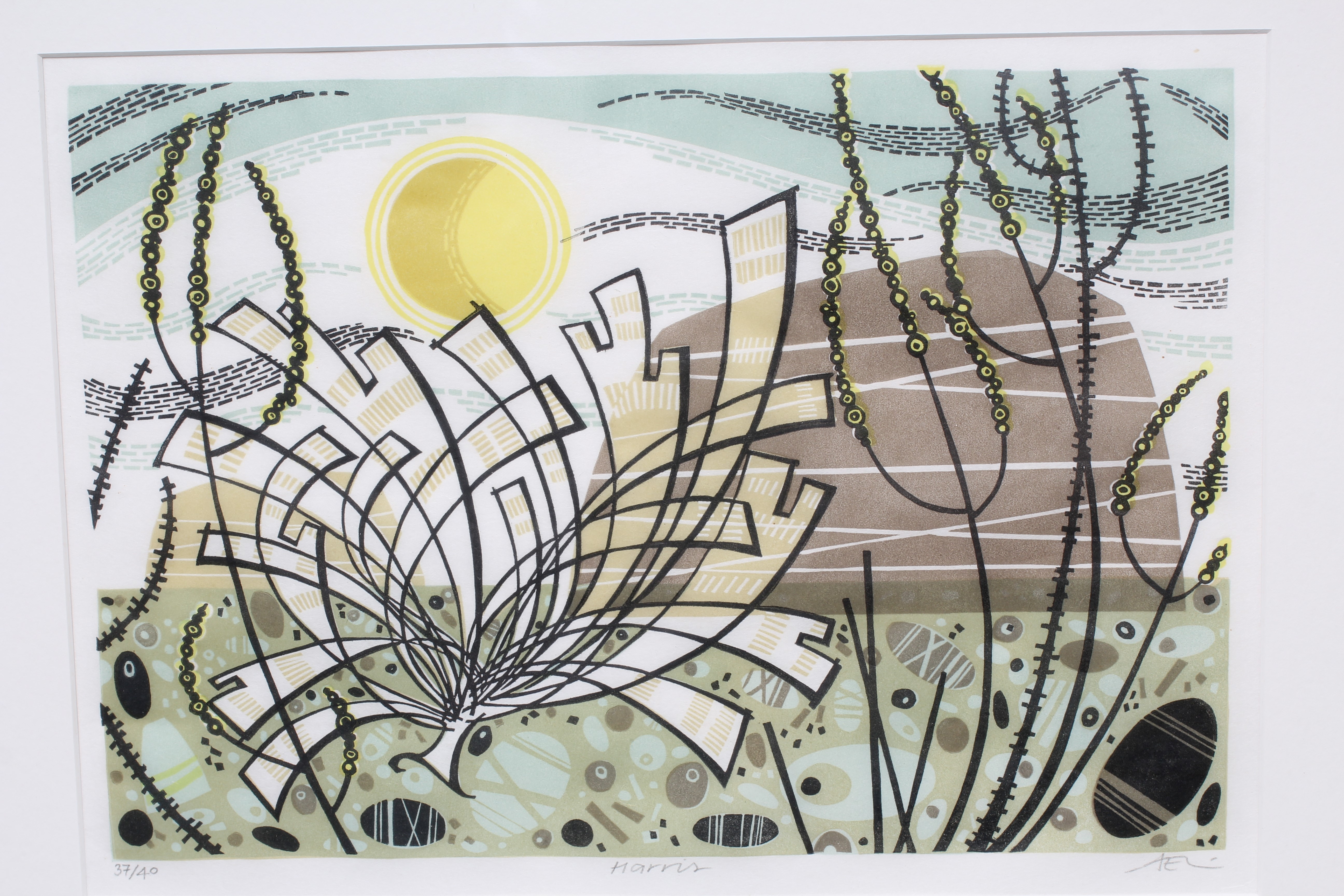ANGIE LEWIN (B.1963) Harris, signed, titled and numbered 37/40, linocut, 10 1/2" x 14 1/2" (SH), Image