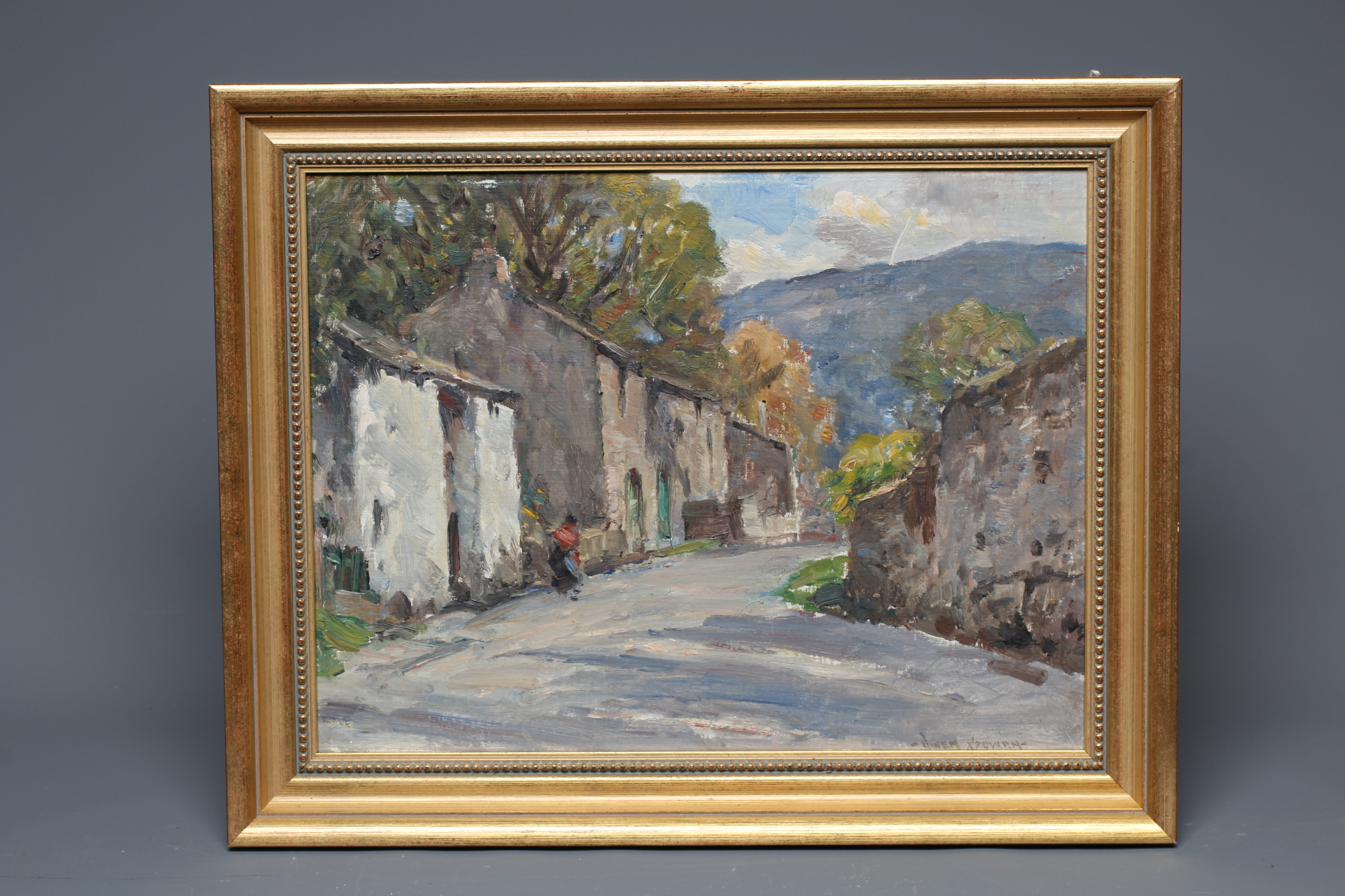 OWEN BOWEN (1873-1967) Rural Village Street, signed lower right, oil on canvas board, 11 1/2" x 15", Image