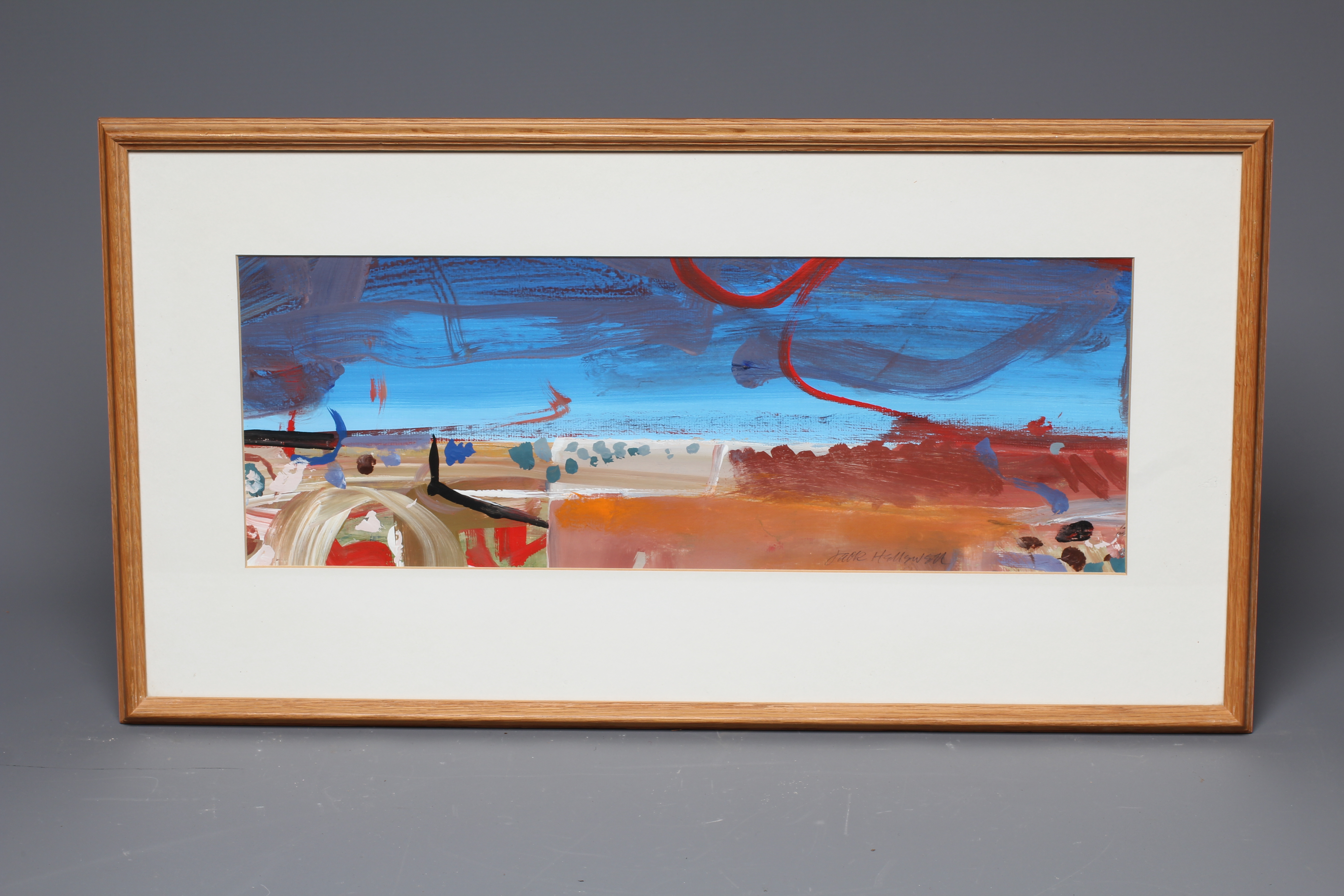 JACK HELLEWELL (1920-2000) Coastal View, signed lower right, oil on paper, 6 1/2" x 18", framed and Image