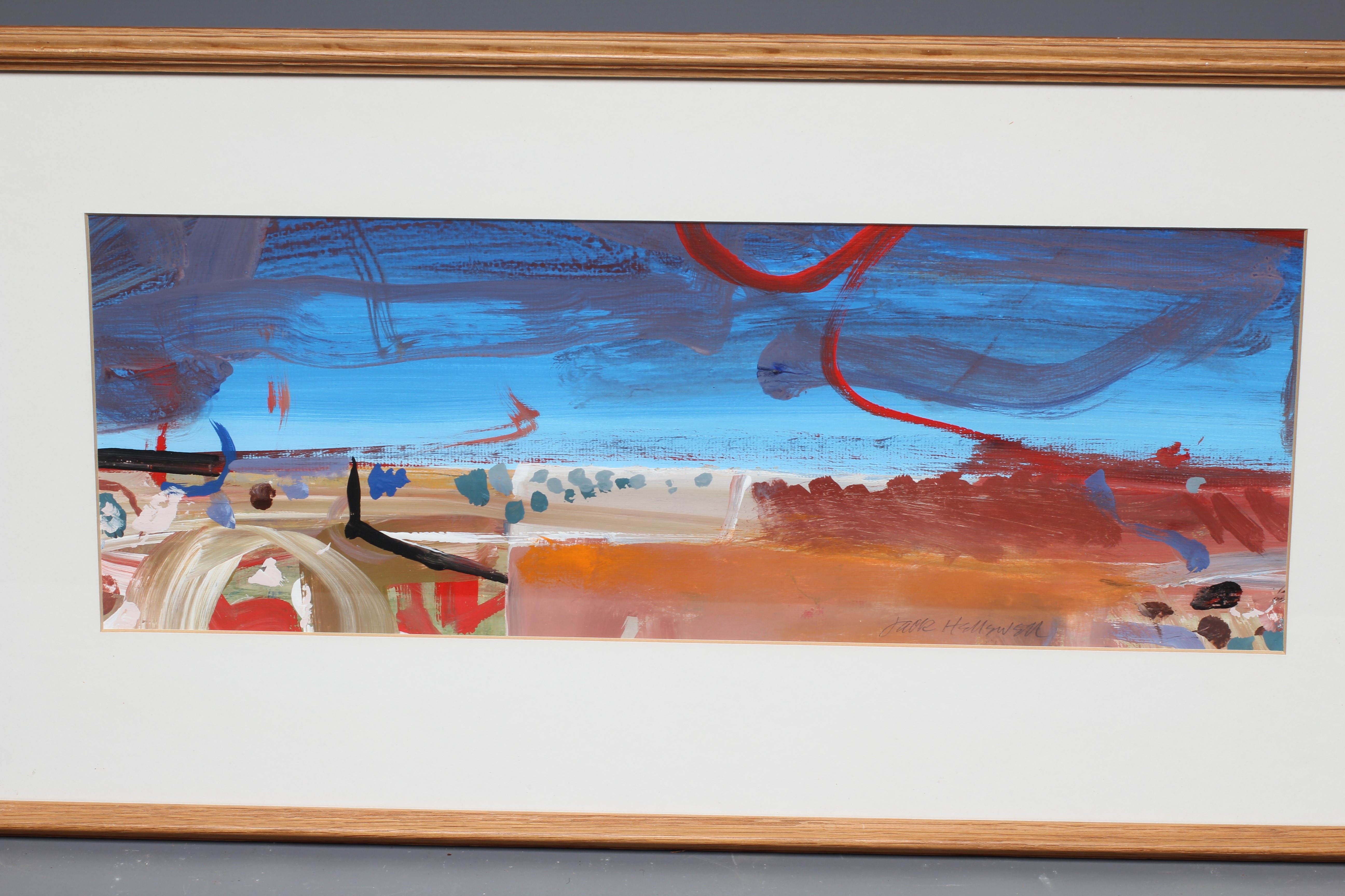 JACK HELLEWELL (1920-2000) Coastal View, signed lower right, oil on paper, 6 1/2" x 18", framed and Image