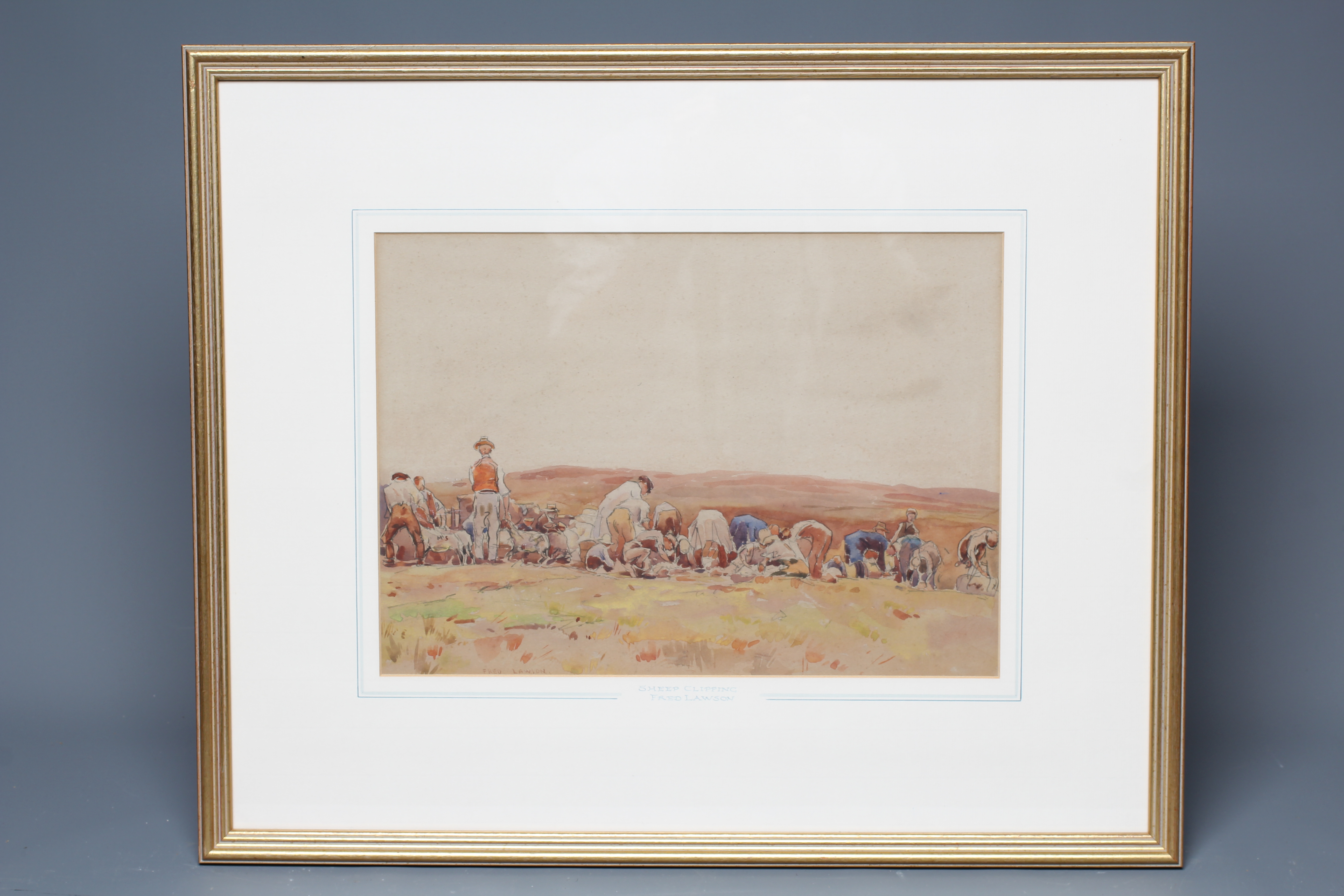 FRED LAWSON (1888-1968) Sheep Clipping, signed lower left, watercolour, 10 1/4" x 14 1/4", framed Image