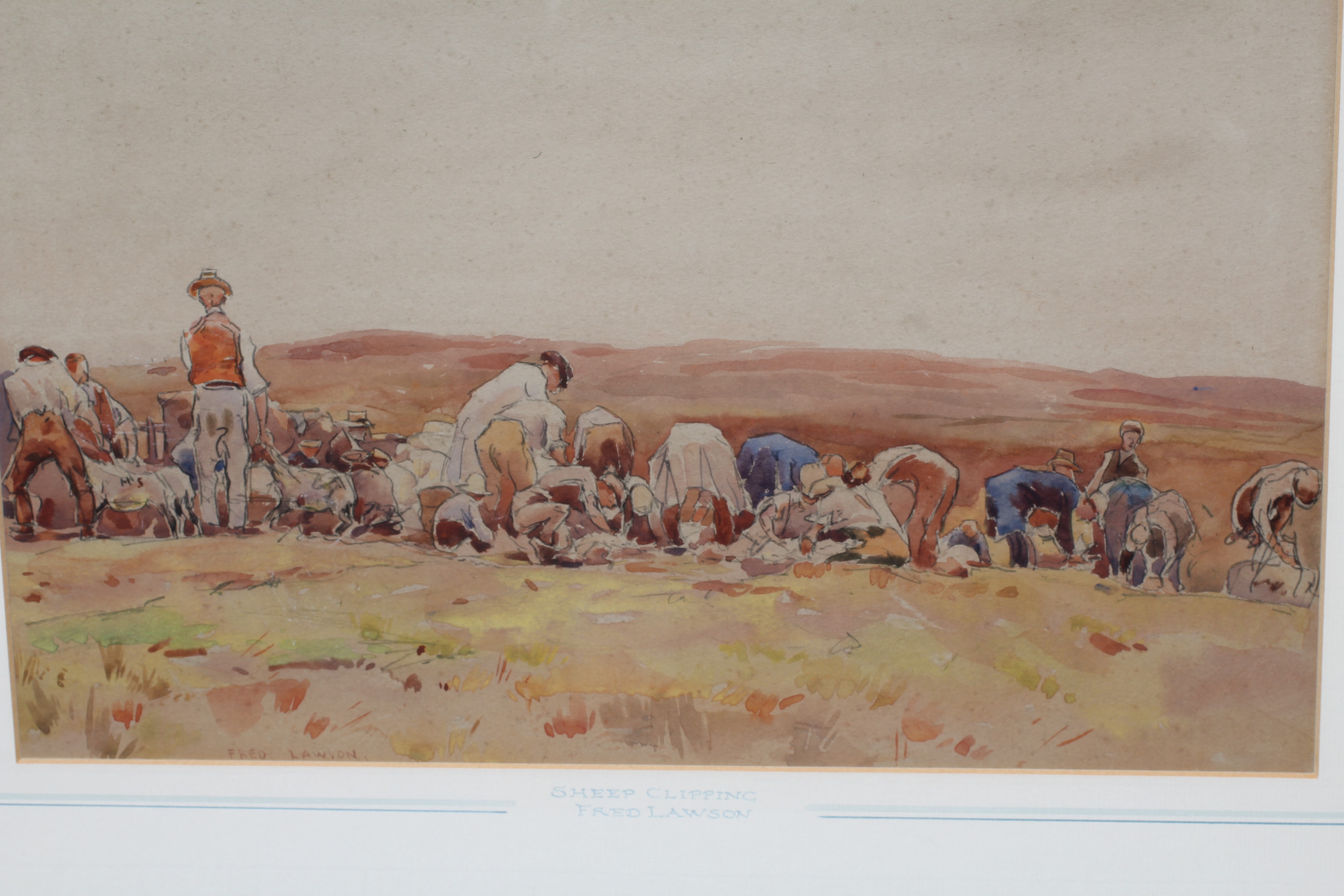 FRED LAWSON (1888-1968) Sheep Clipping, signed lower left, watercolour, 10 1/4" x 14 1/4", framed Image