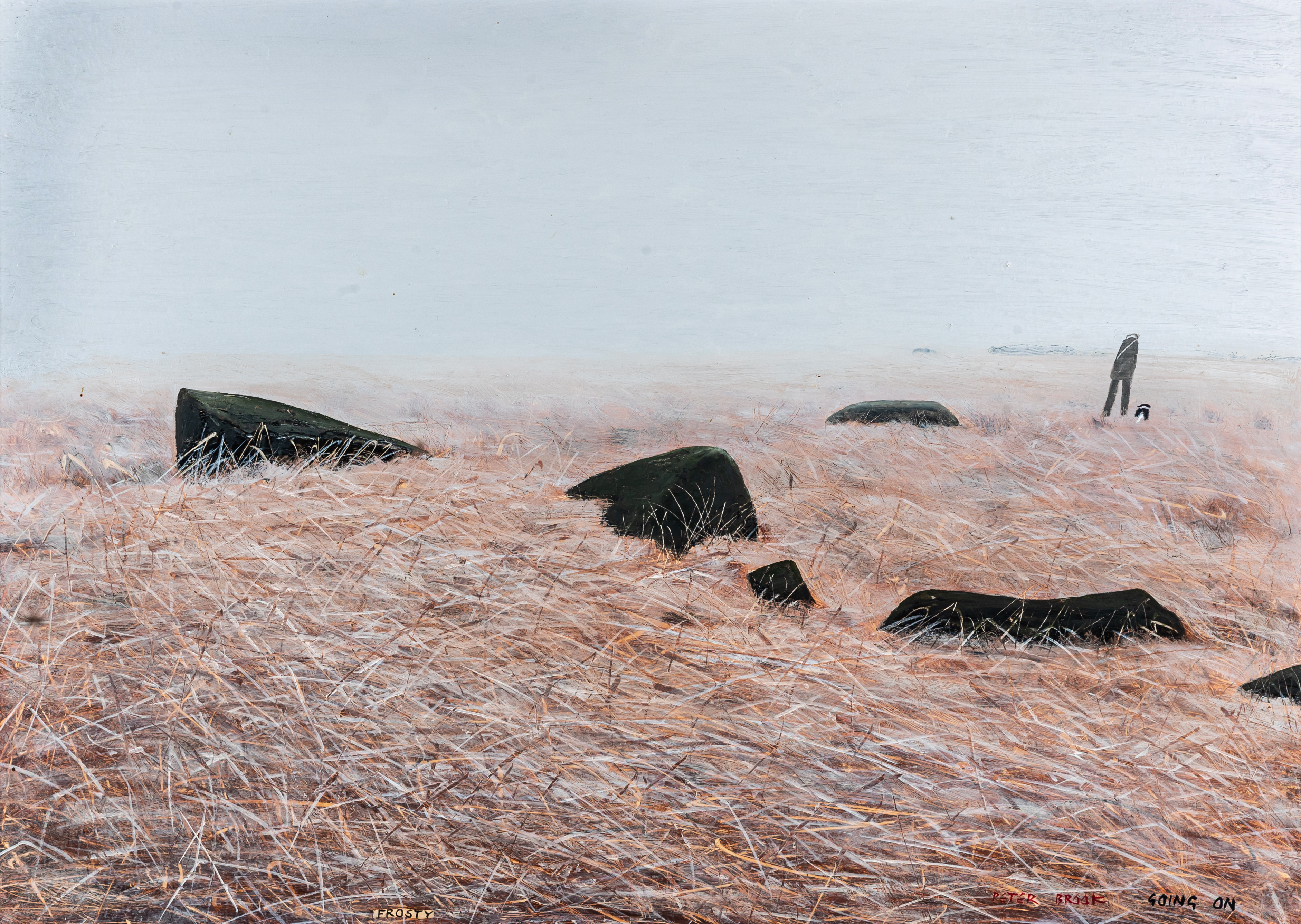 PETER BROOK (1927-2009) Going On, signed and inscribed with title lower right, oil on board, 19 1/2" Image
