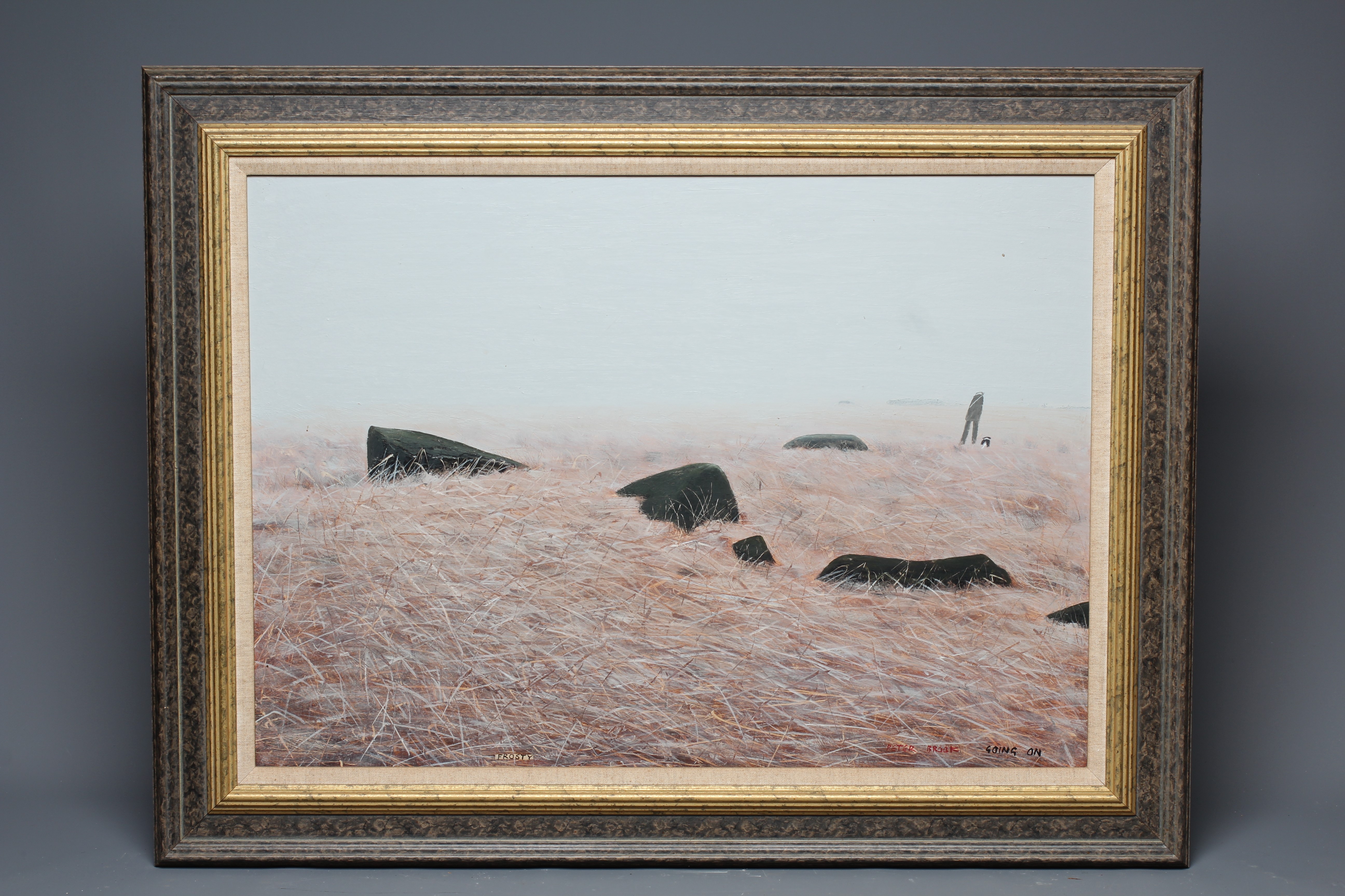 PETER BROOK (1927-2009) Going On, signed and inscribed with title lower right, oil on board, 19 1/2" Image
