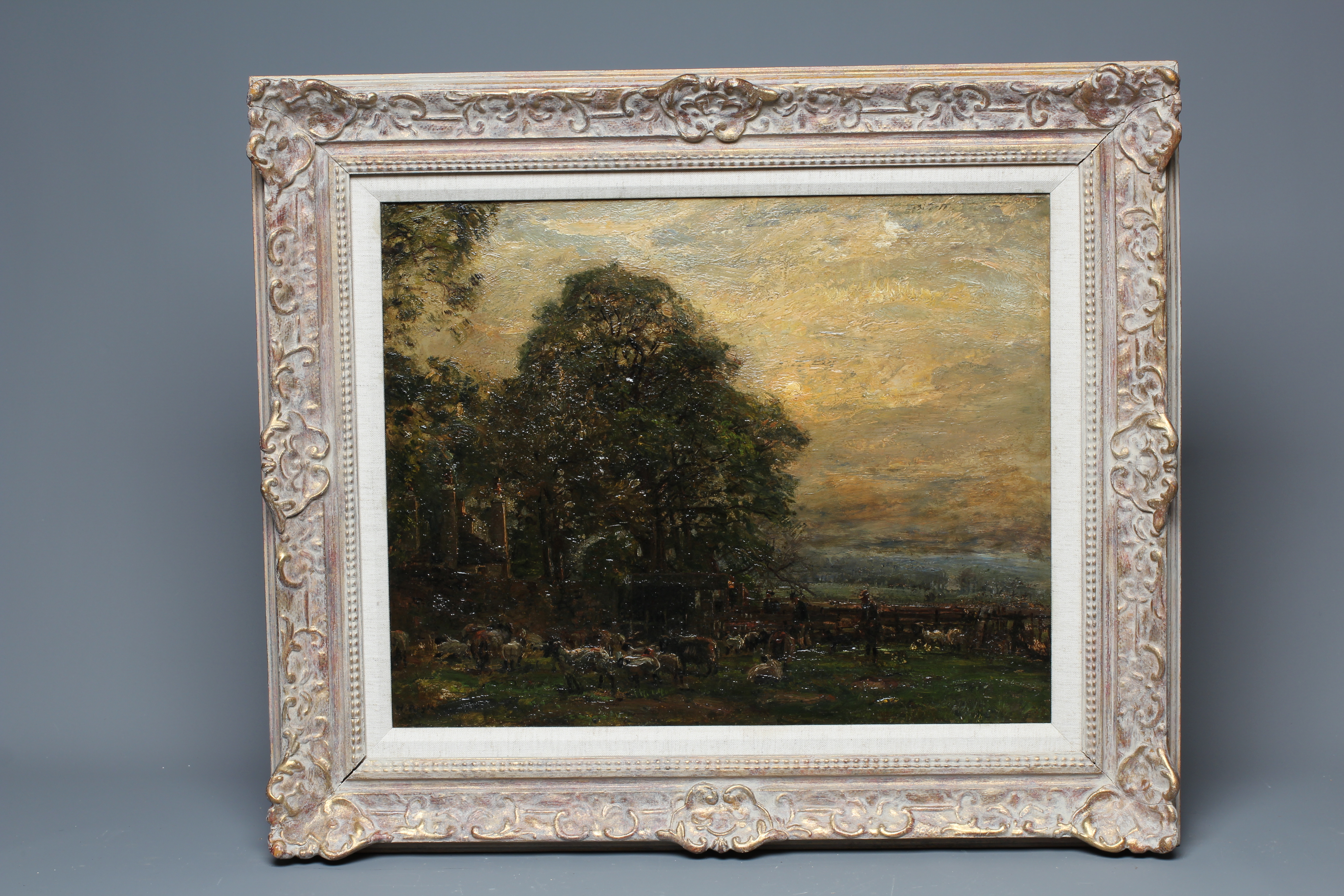 HERBERT ROYLE (1870-1958) Shepherds with their Flock at Dusk, signed lower left, oil on canvas, 16" Image