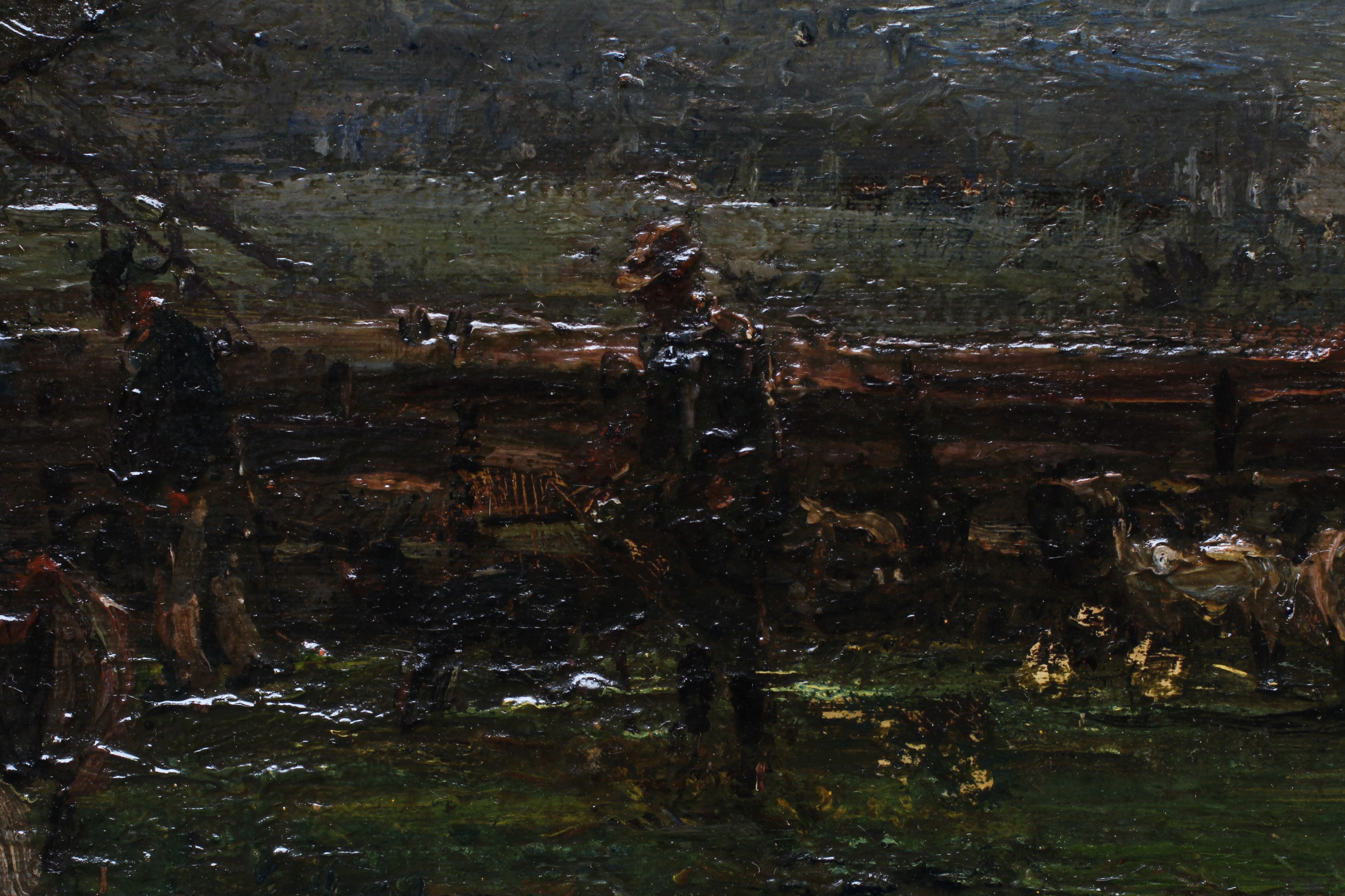 HERBERT ROYLE (1870-1958) Shepherds with their Flock at Dusk, signed lower left, oil on canvas, 16" Image