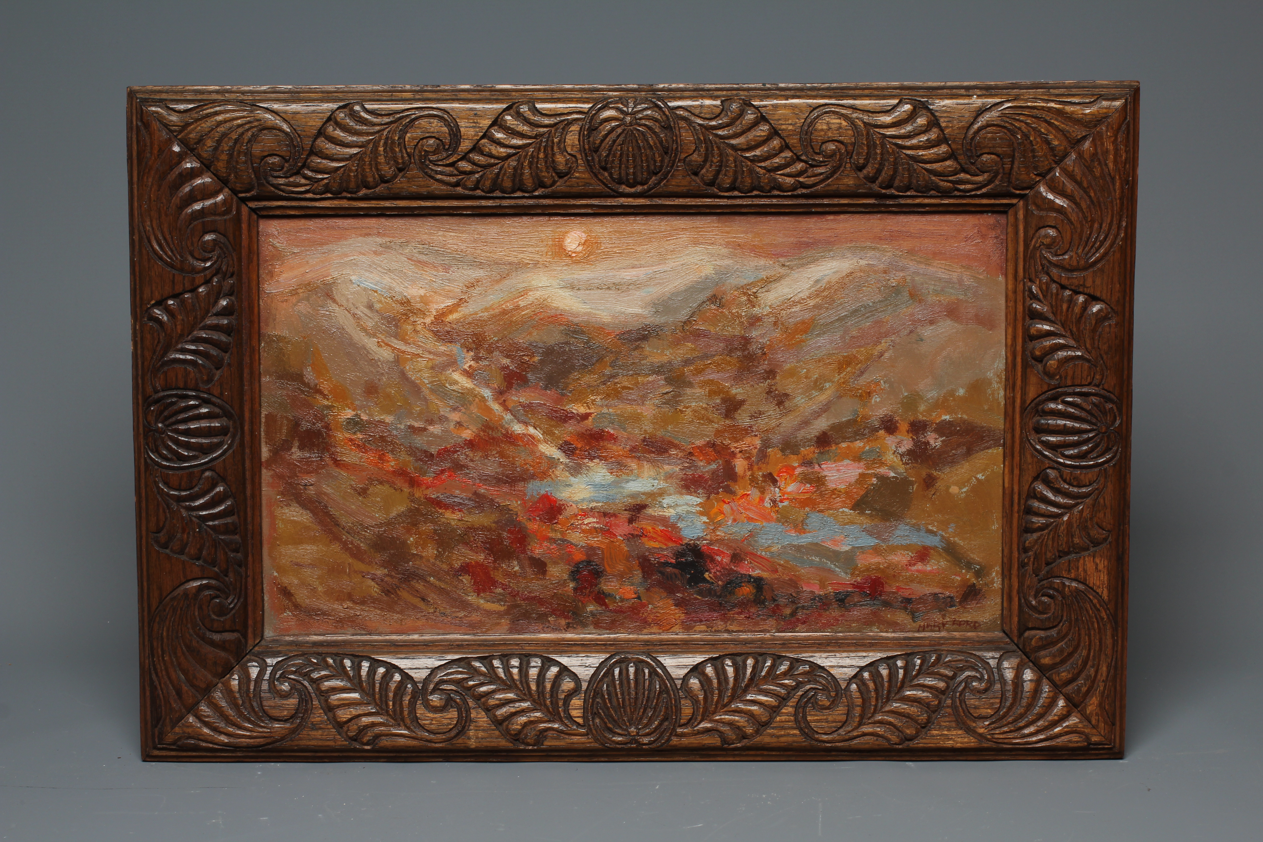 MARY LORD (B.1931) Yorkshire Moors, signed lower right, oil on board, 9 1/2" x 16", carved wood Image