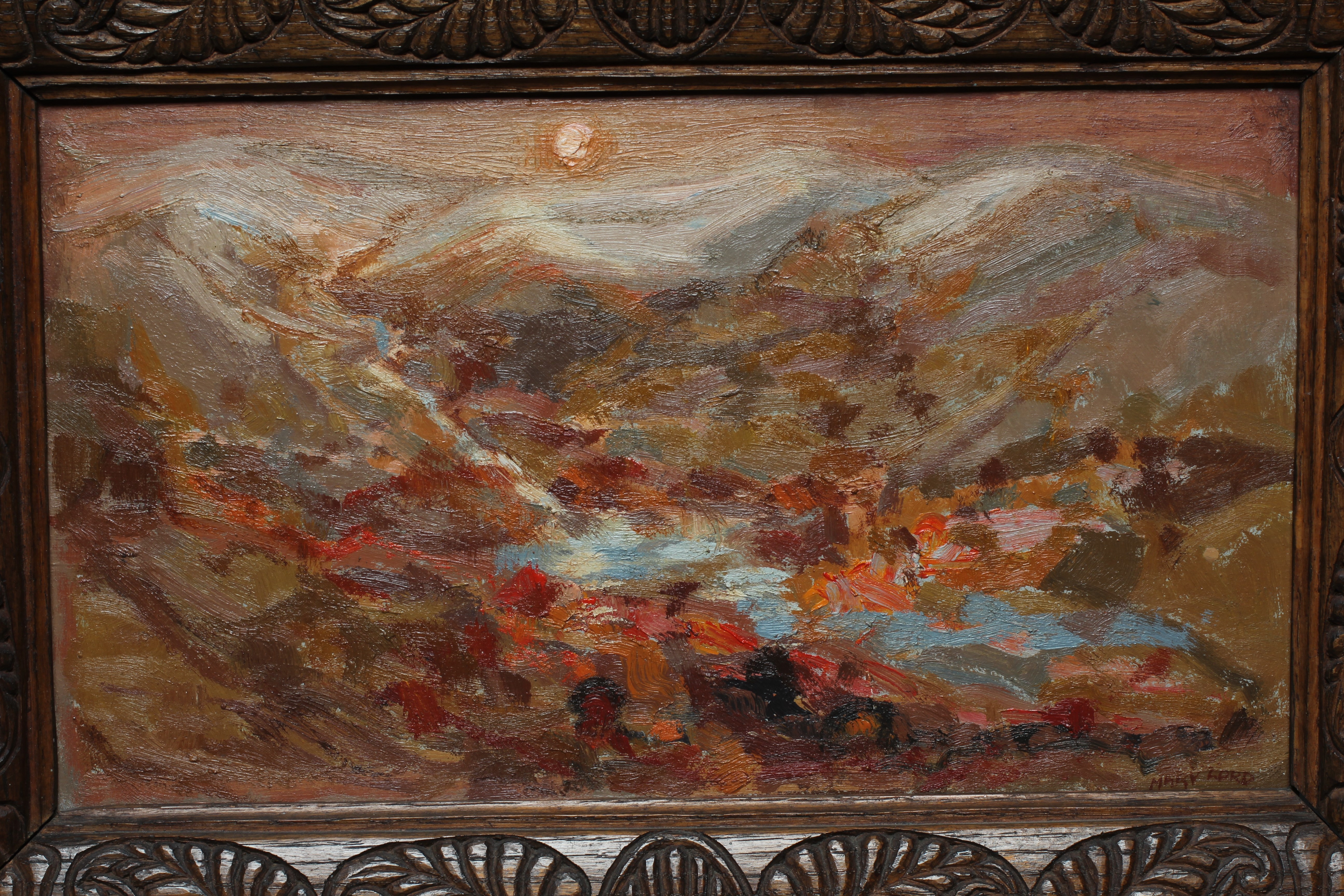 MARY LORD (B.1931) Yorkshire Moors, signed lower right, oil on board, 9 1/2" x 16", carved wood Image