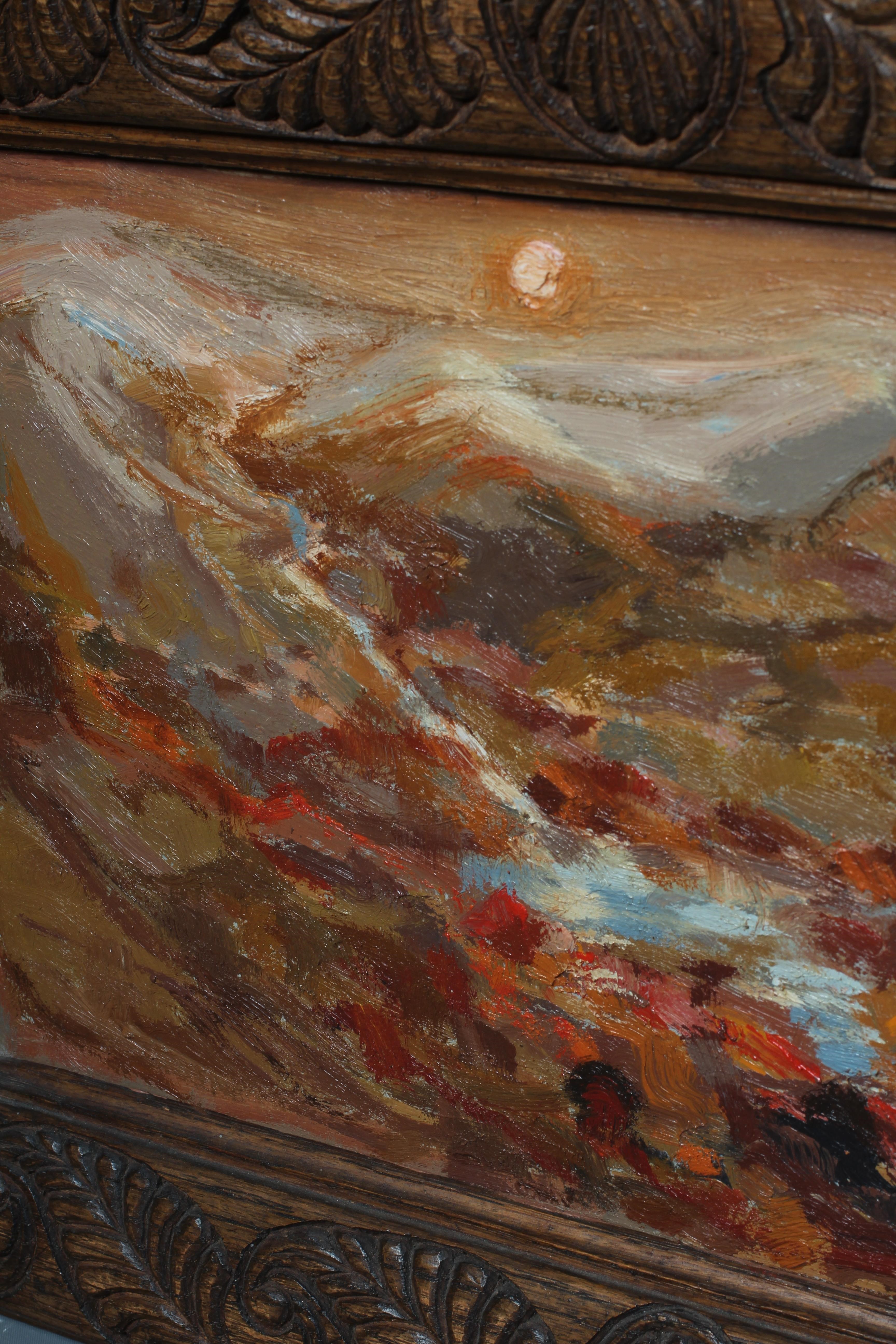 MARY LORD (B.1931) Yorkshire Moors, signed lower right, oil on board, 9 1/2" x 16", carved wood Image