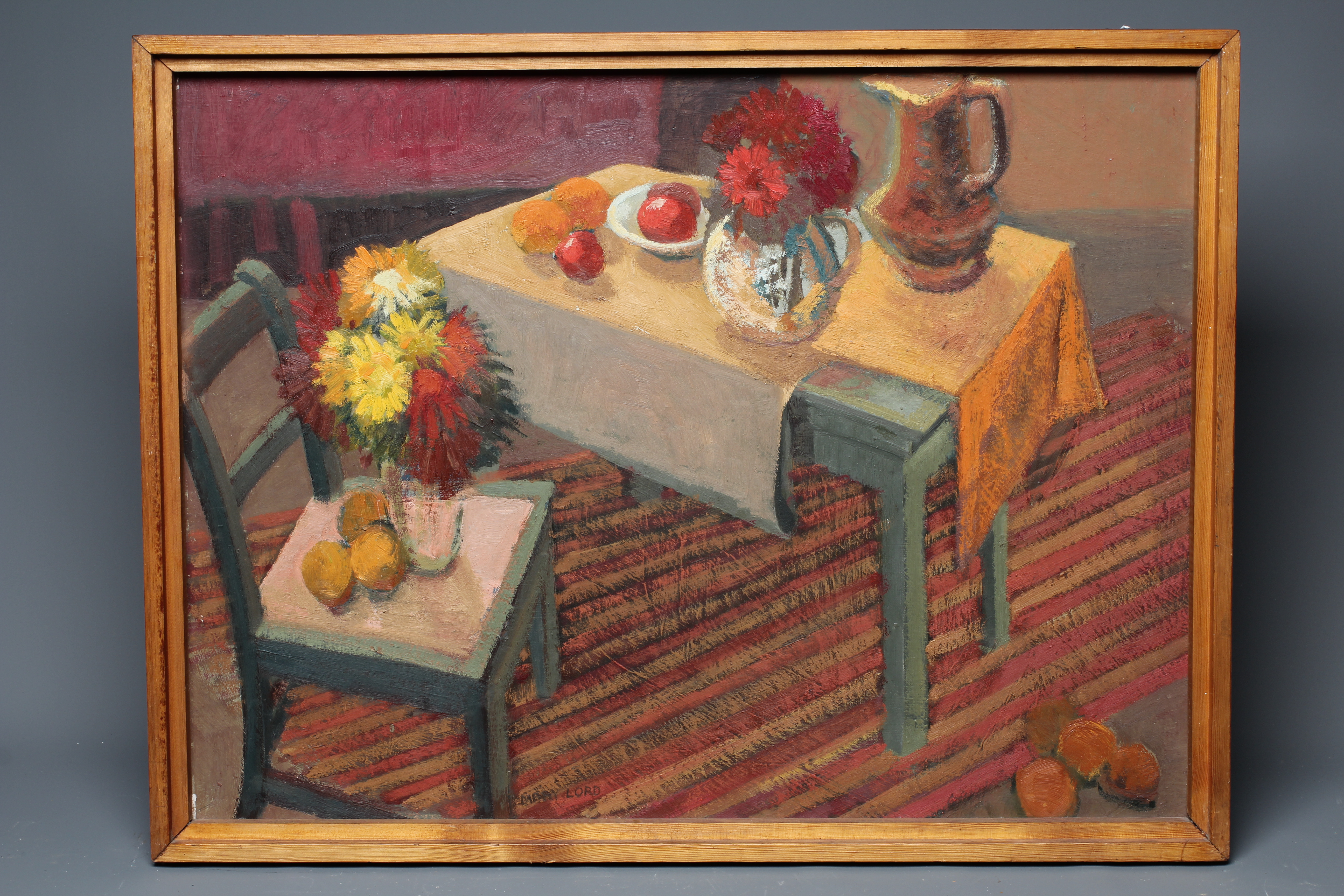 MARY LORD (B.1931) Summer, signed lower left, inscribed with title on label verso, oil on board, 23" Image