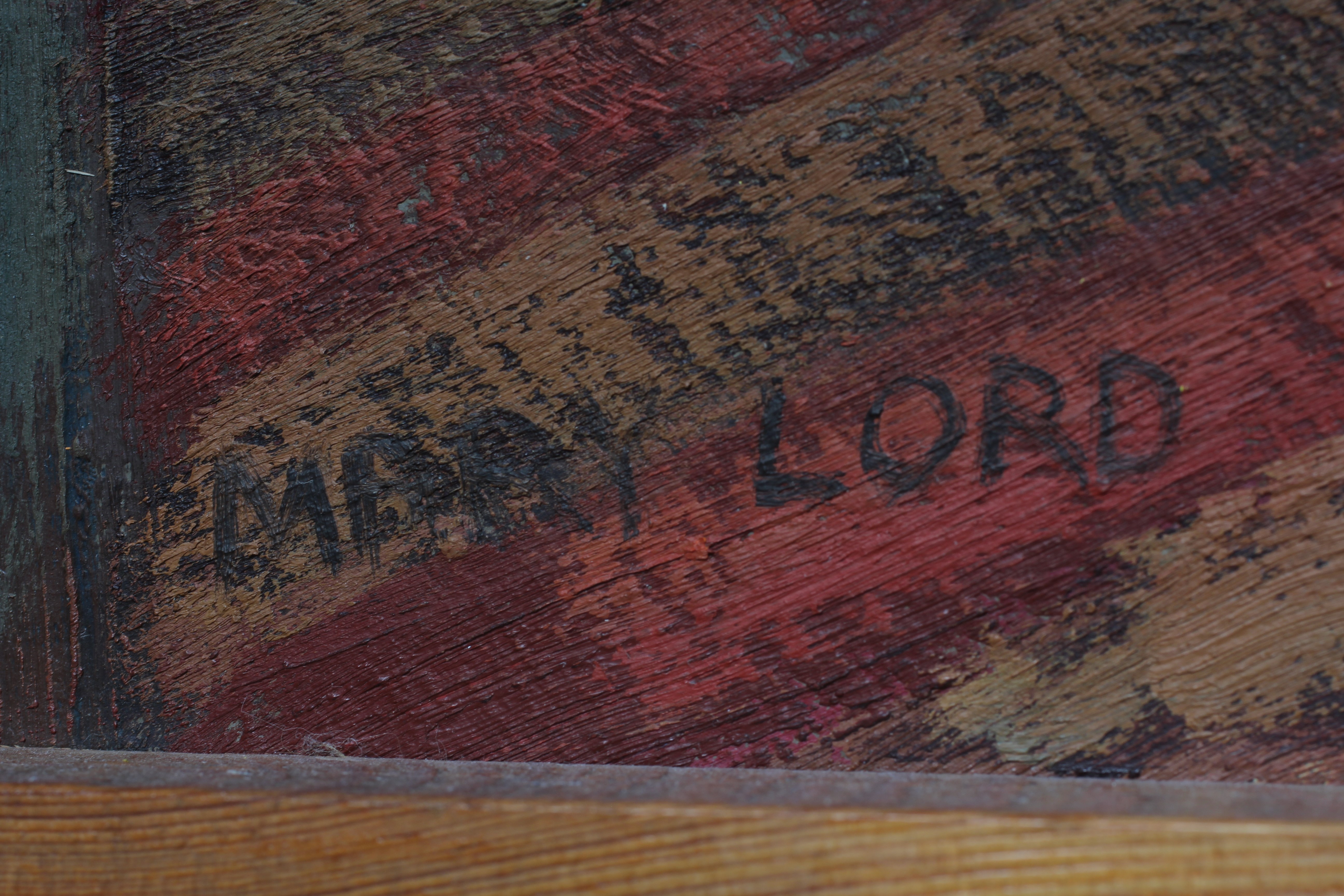 MARY LORD (B.1931) Summer, signed lower left, inscribed with title on label verso, oil on board, 23" Image