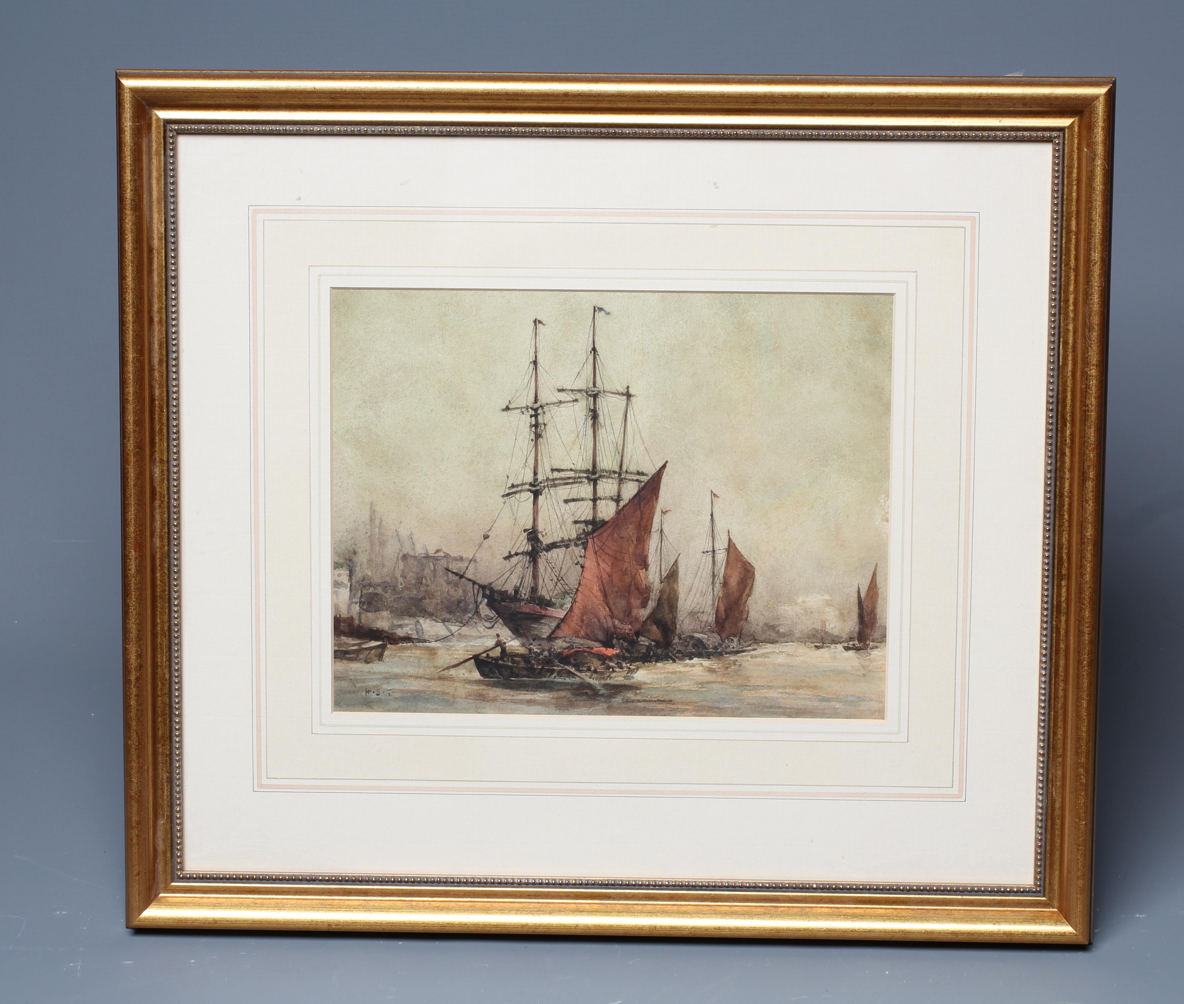HENRY SCOTT TUKE (1858-1929) Shipping on a City River, signed with initials lower left, watercolour, Image