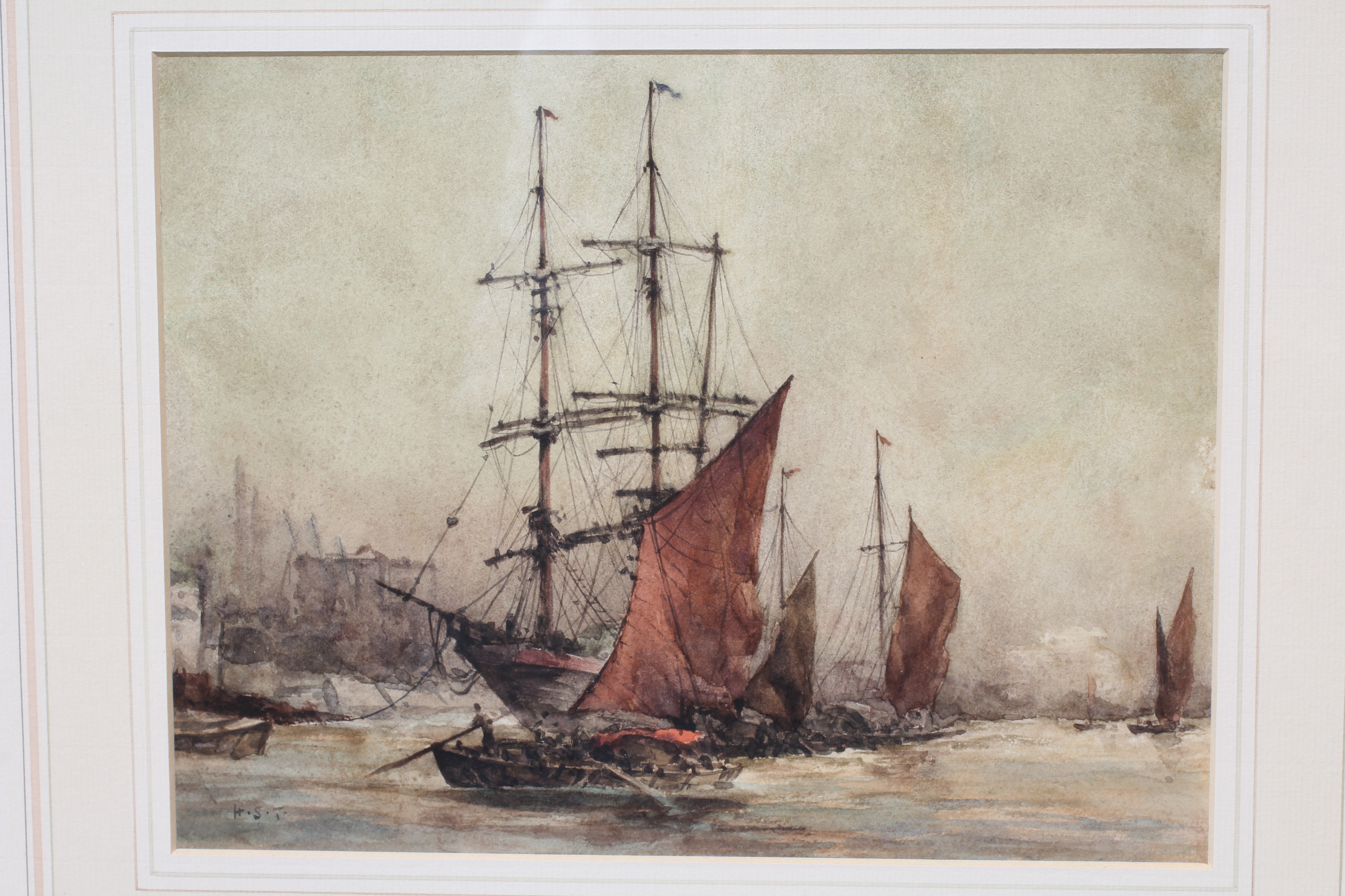 HENRY SCOTT TUKE (1858-1929) Shipping on a City River, signed with initials lower left, watercolour, Image