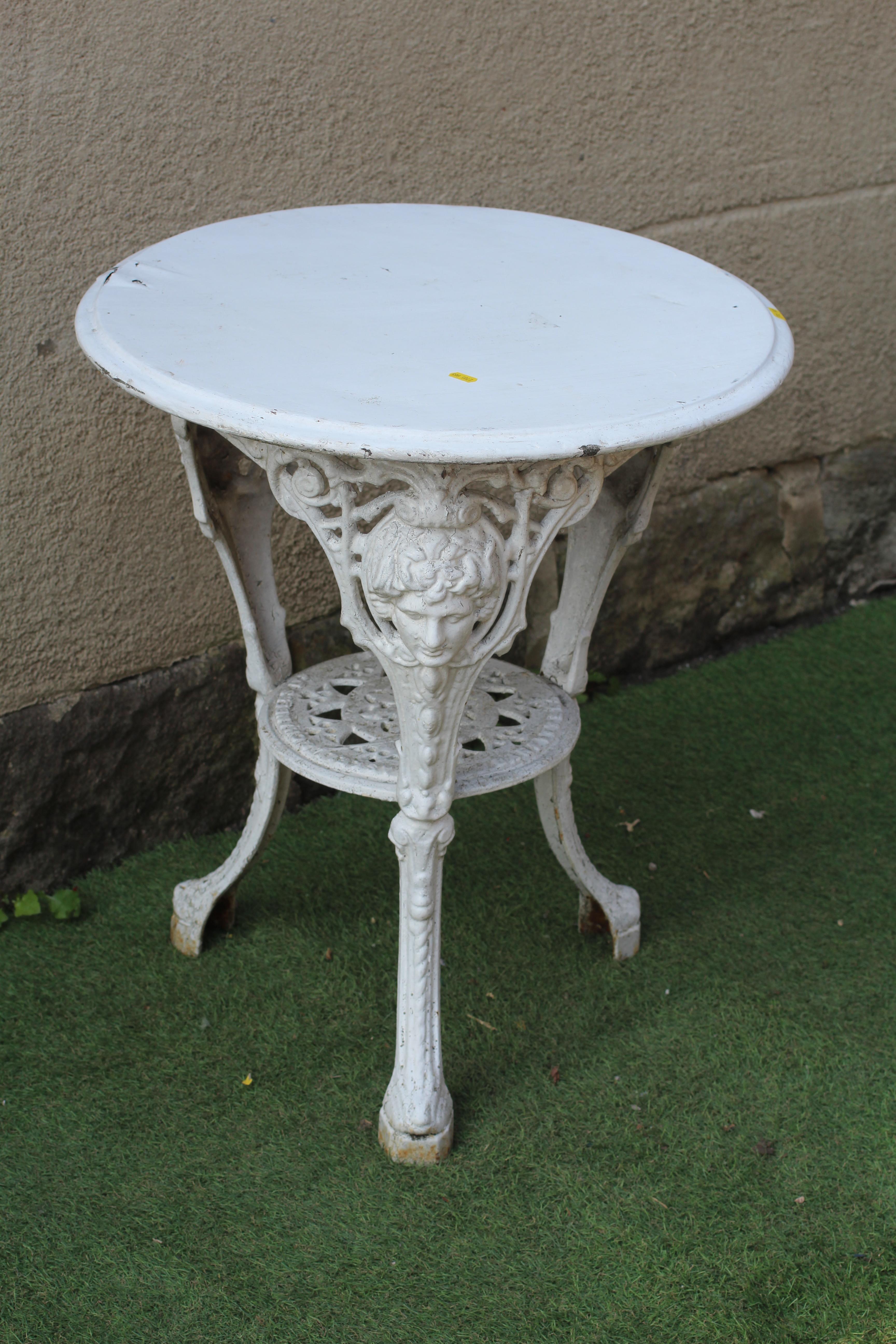 A VICTORIAN CAST IRON PUB TABLE with circular wood top, the mask headed cabriole legs with scroll Image