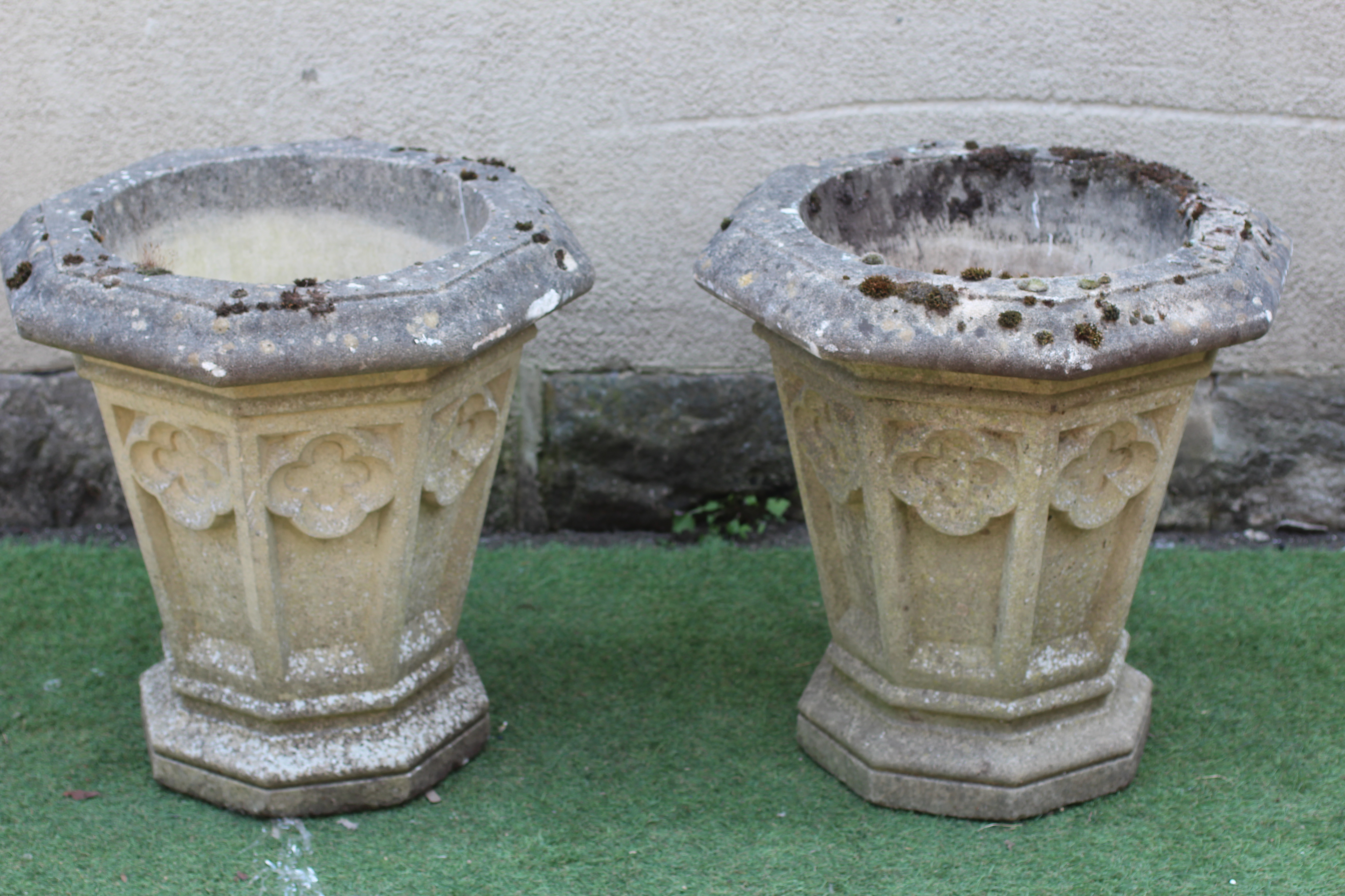 A PAIR OF CAST STONE GOTHIC PLANTERS possibly by Austin & Seeley Image