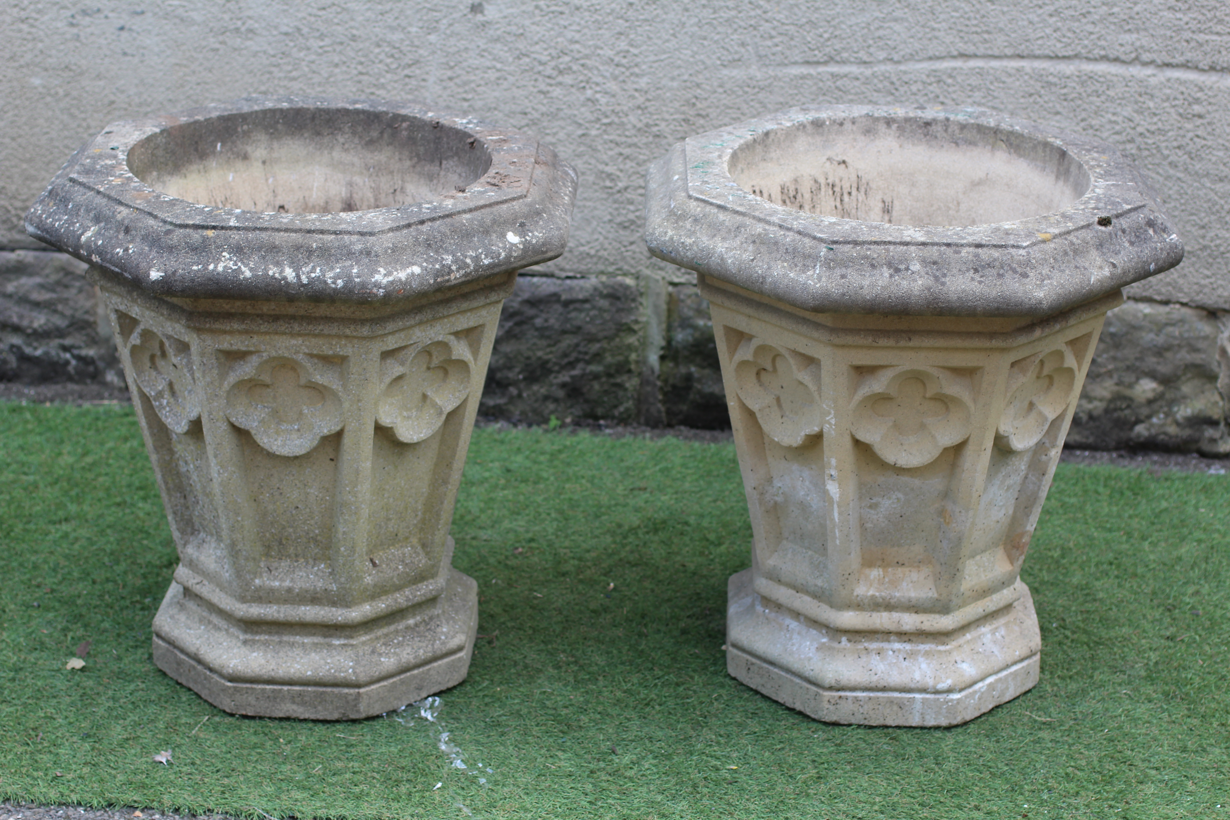 A PAIR OF CAST STONE GOTHIC PLANTERS to match previous lot Image