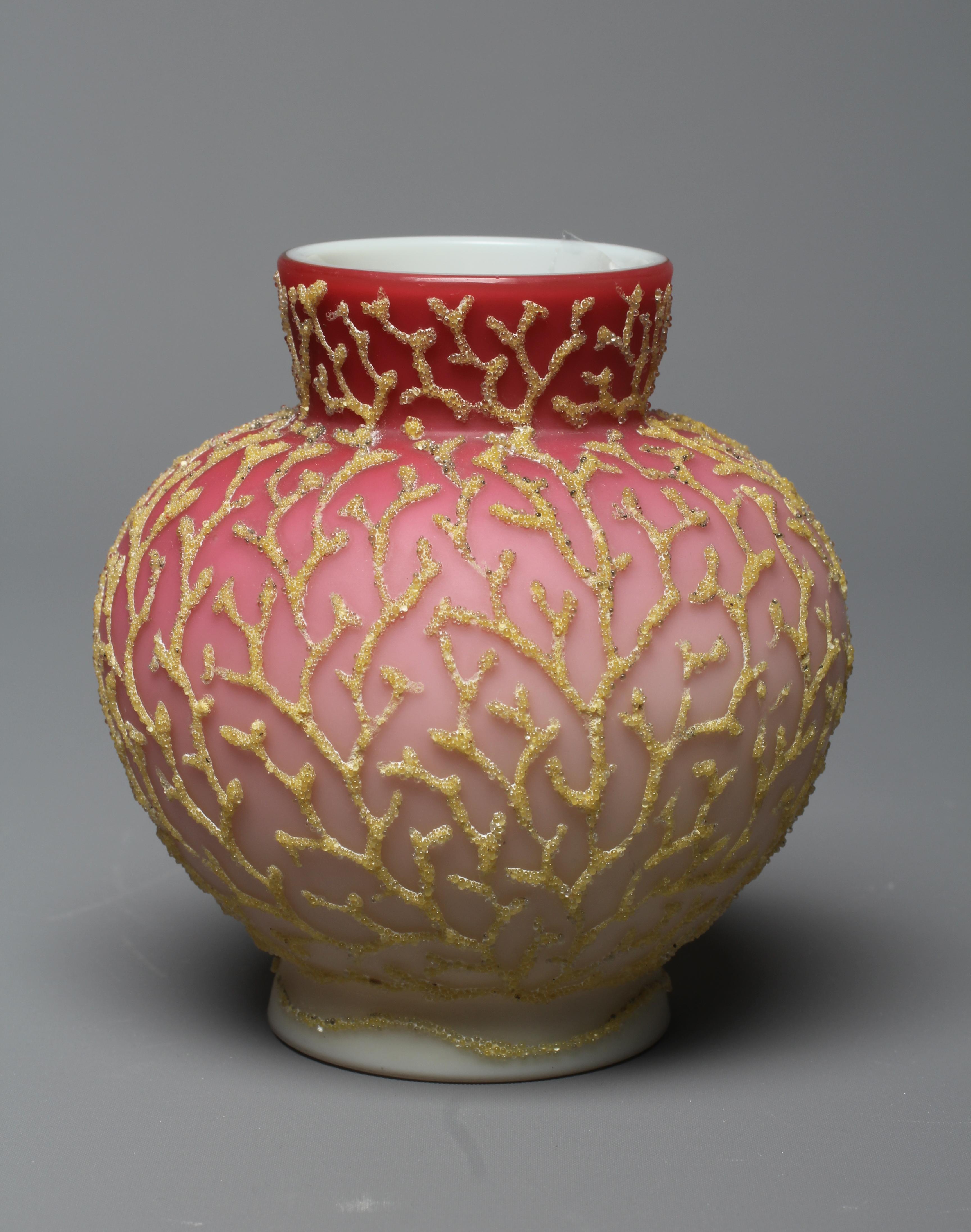 A MT. WASHINGTON CORALINE SATIN GLASS VASE, late 19th century, the yellow shading to pink ground Image