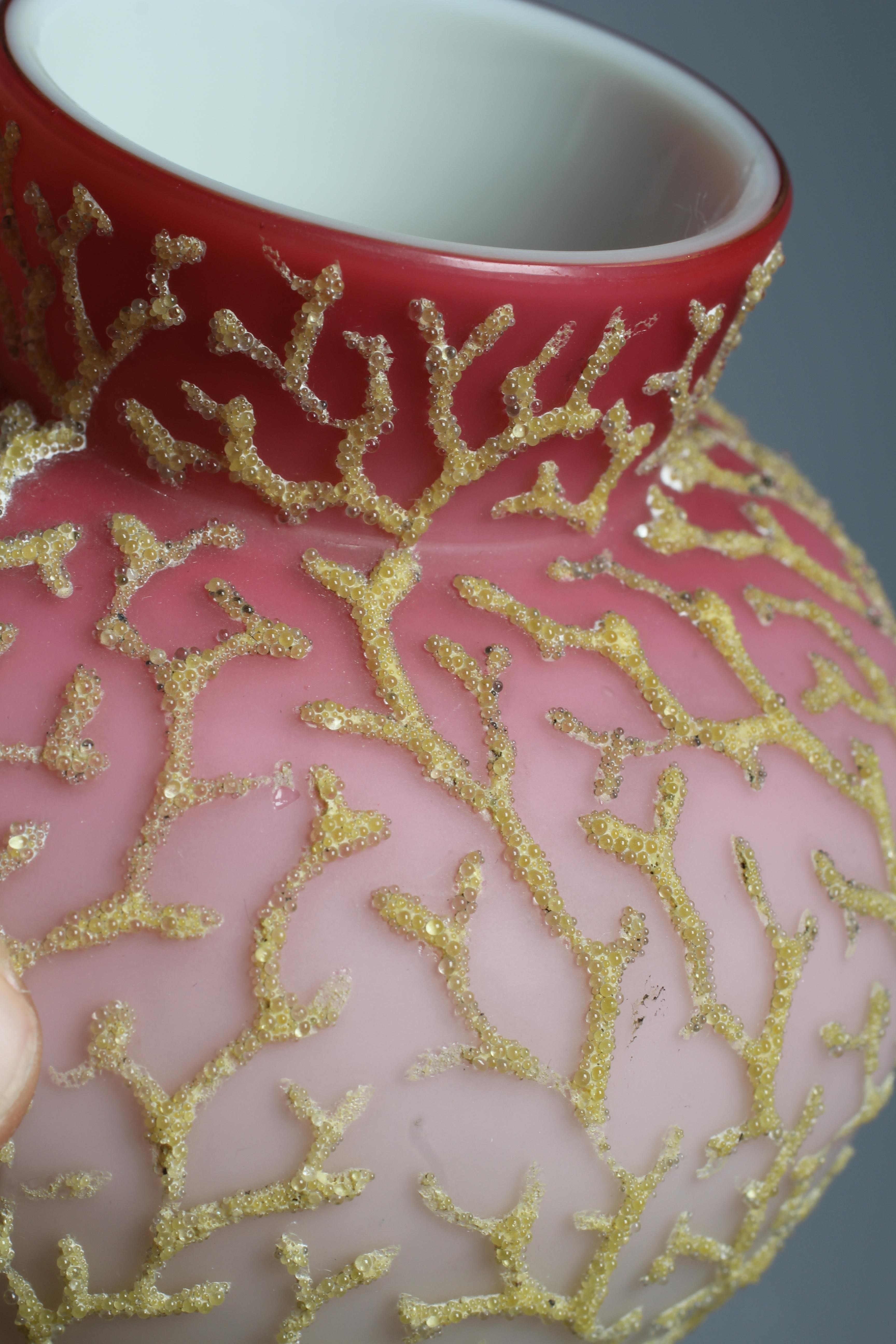 A MT. WASHINGTON CORALINE SATIN GLASS VASE, late 19th century, the yellow shading to pink ground Image
