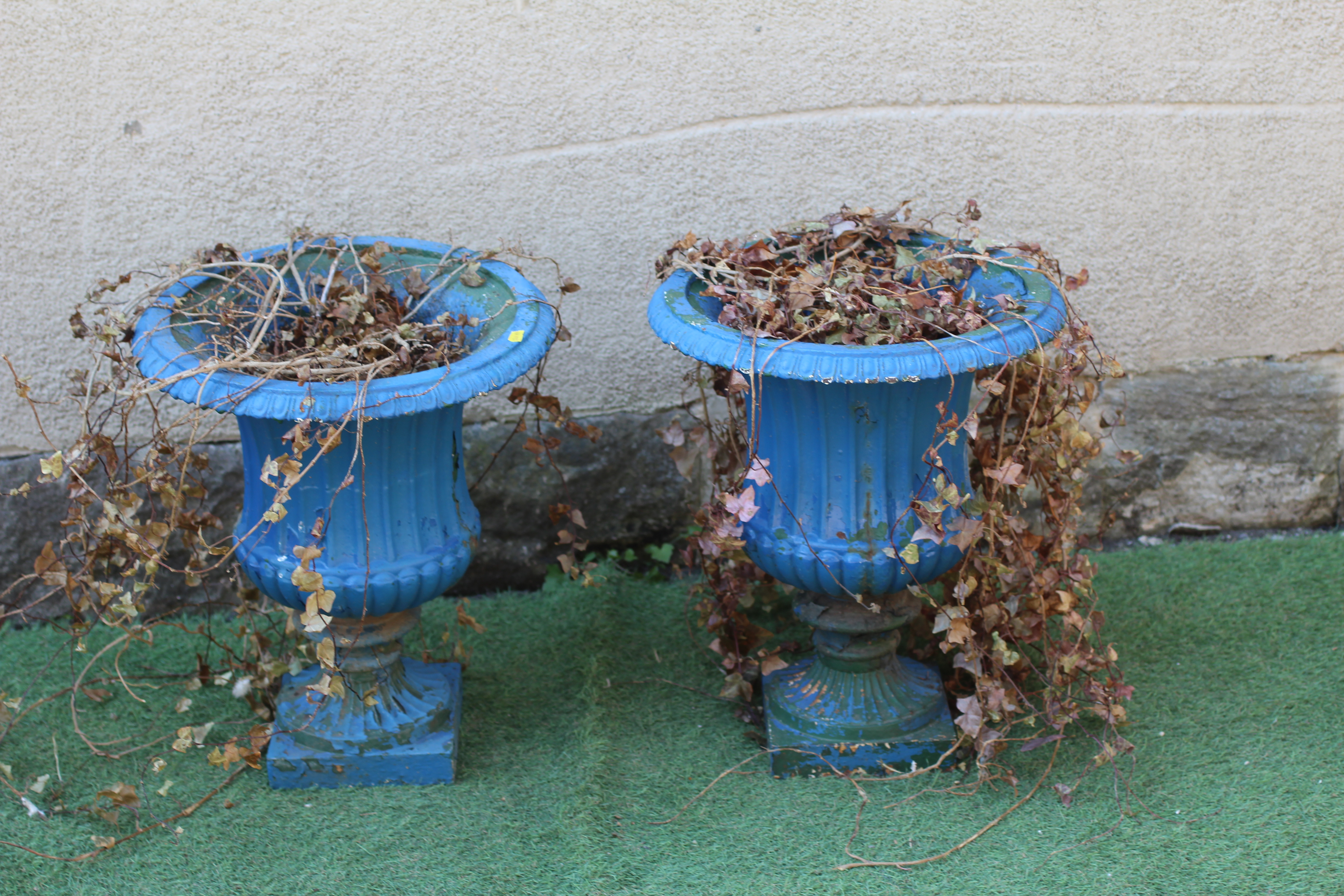 A PAIR OF CAST IRON URNS, early 20th century, of fluted campana form with egg and dart moulded rim Image
