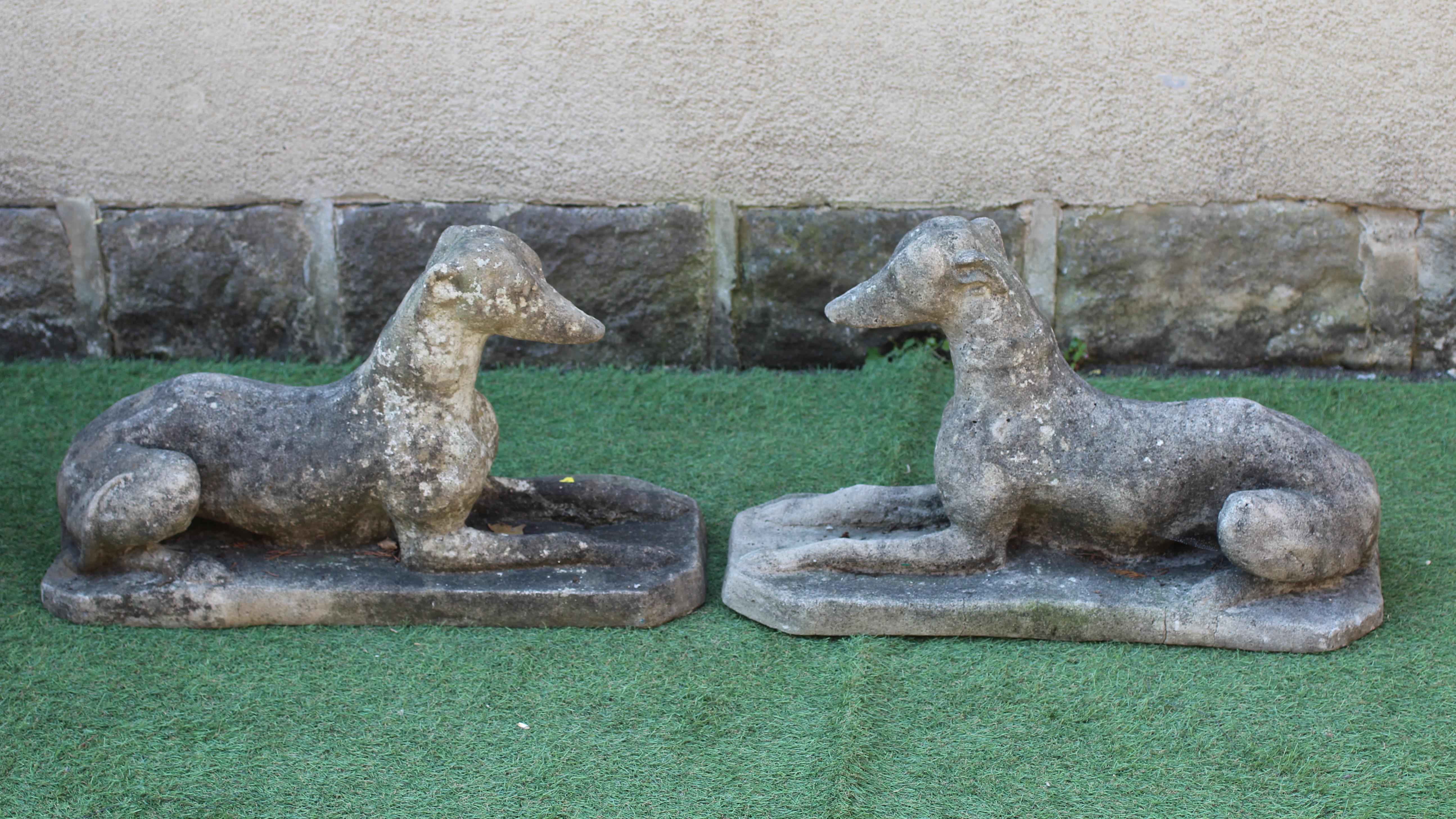 A PAIR OF CAST STONE RECUMBENT WHIPPETS with alert expressions, raised on canted oblong base, 27" w Image
